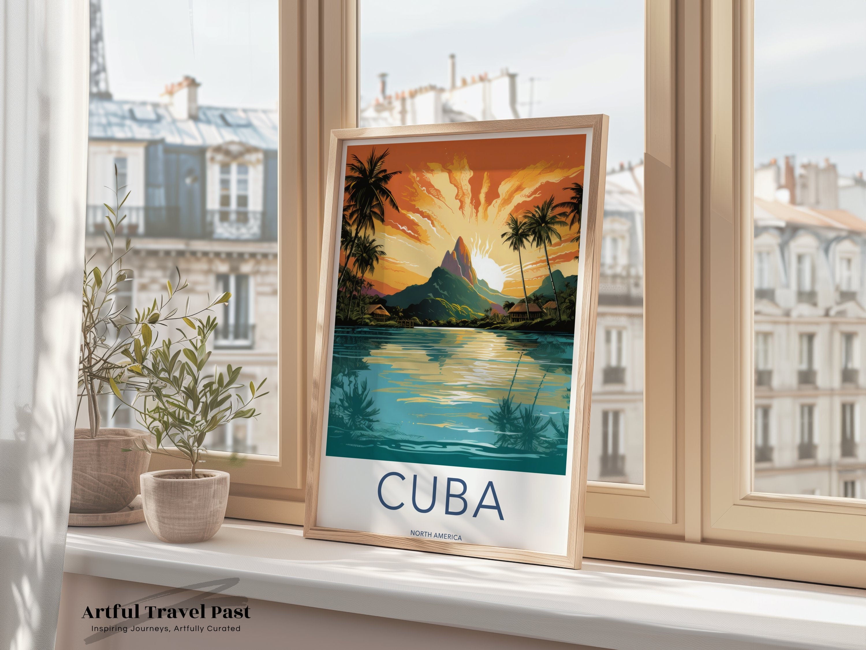 Cuba Travel Poster, Sunset Wall Art, Tropical Landscape Print, Vintage Cuba Decor, Home Office Decor, Caribbean Wall Art