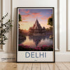 Delhi Wall Art, Sunrise Scene, Historic Temple, Serene Lake, Architectural Beauty, Culture and Nature, Home Decor, Travel Poster