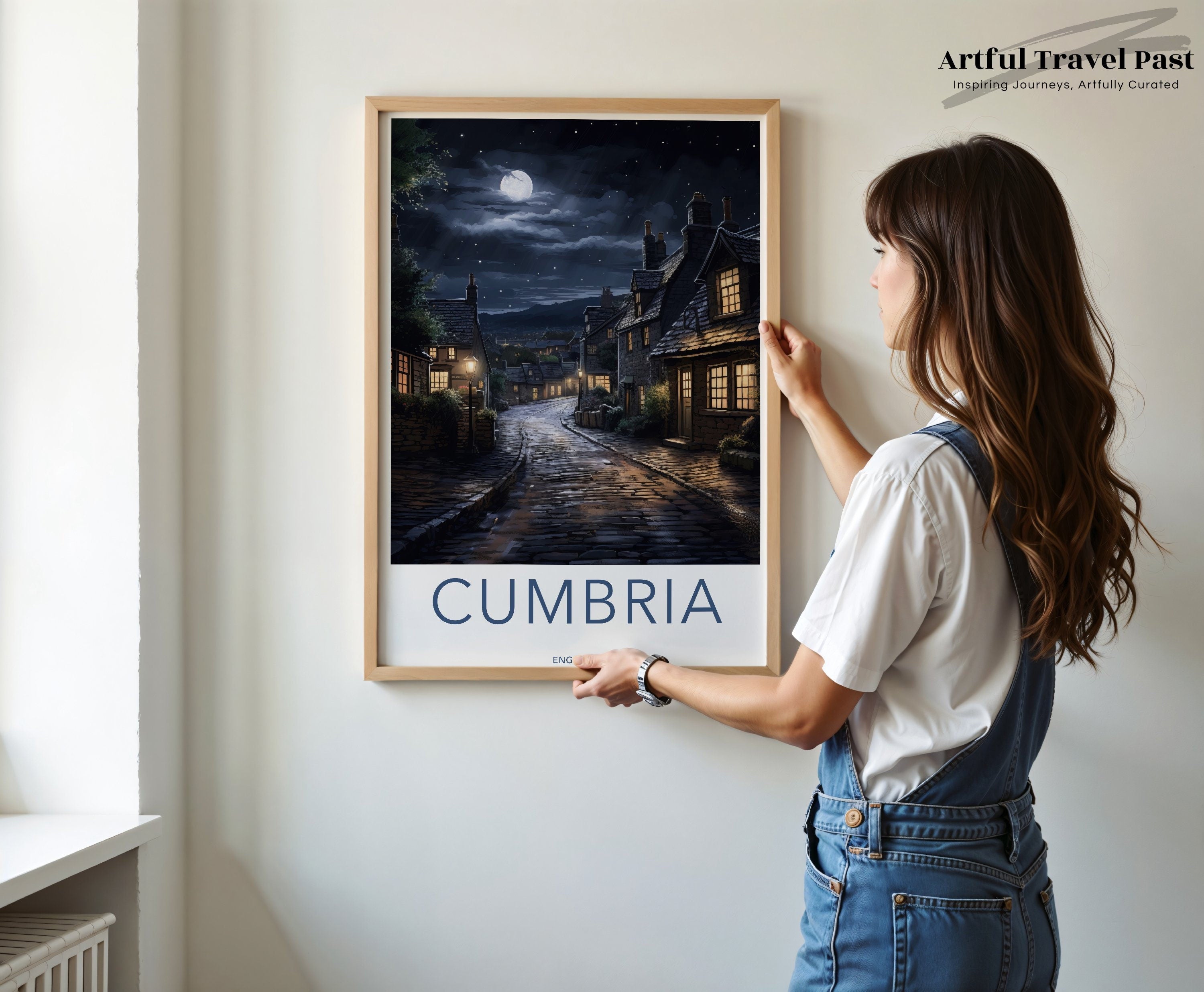 Cumbria England Wall Art, Nighttime Village Scene Art Print, Moonlit Street Artwork, Charming Cottage Decor, Countryside Illustration