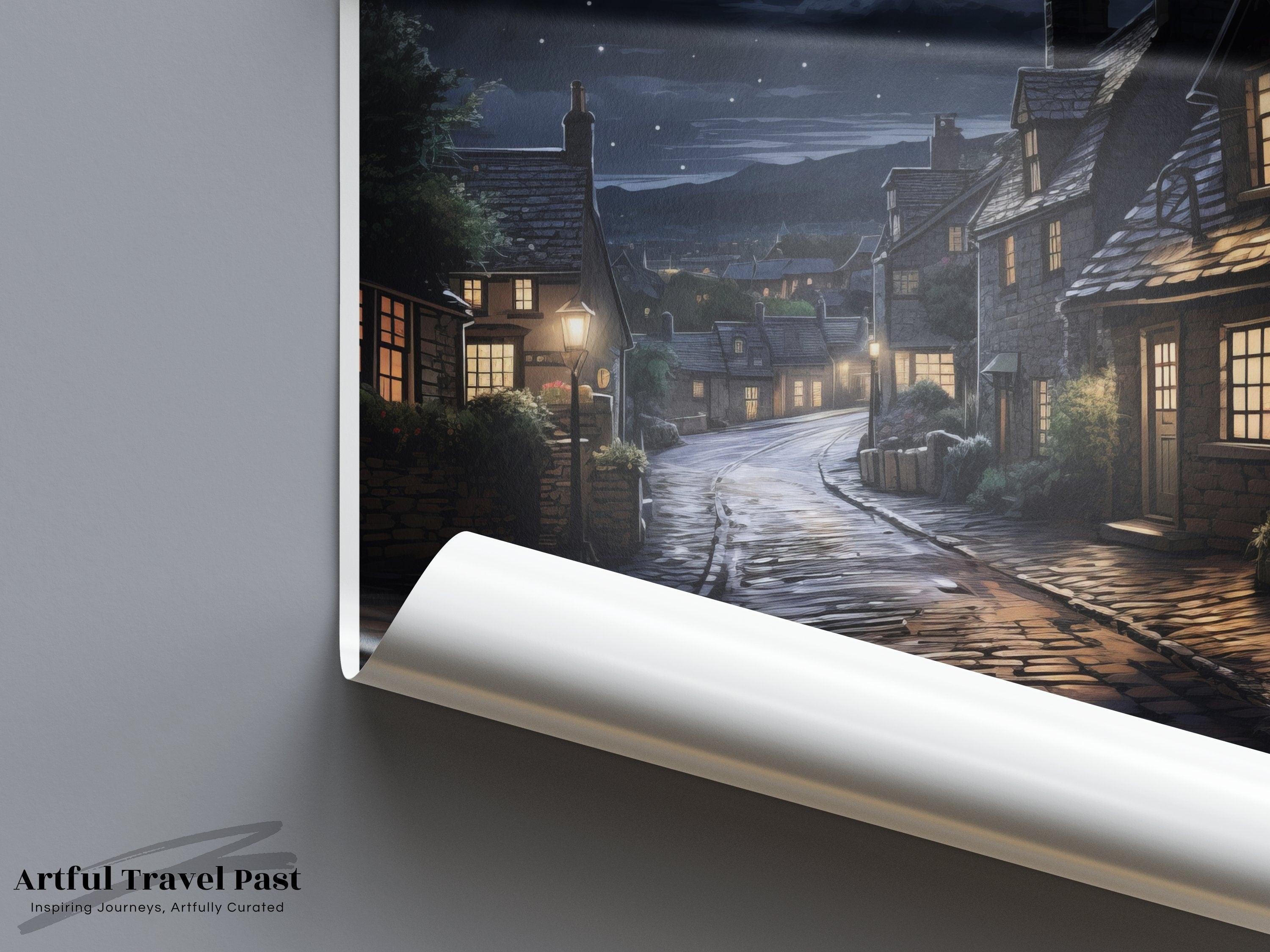 Cumbria England Wall Art, Nighttime Village Scene Art Print, Moonlit Street Artwork, Charming Cottage Decor, Countryside Illustration