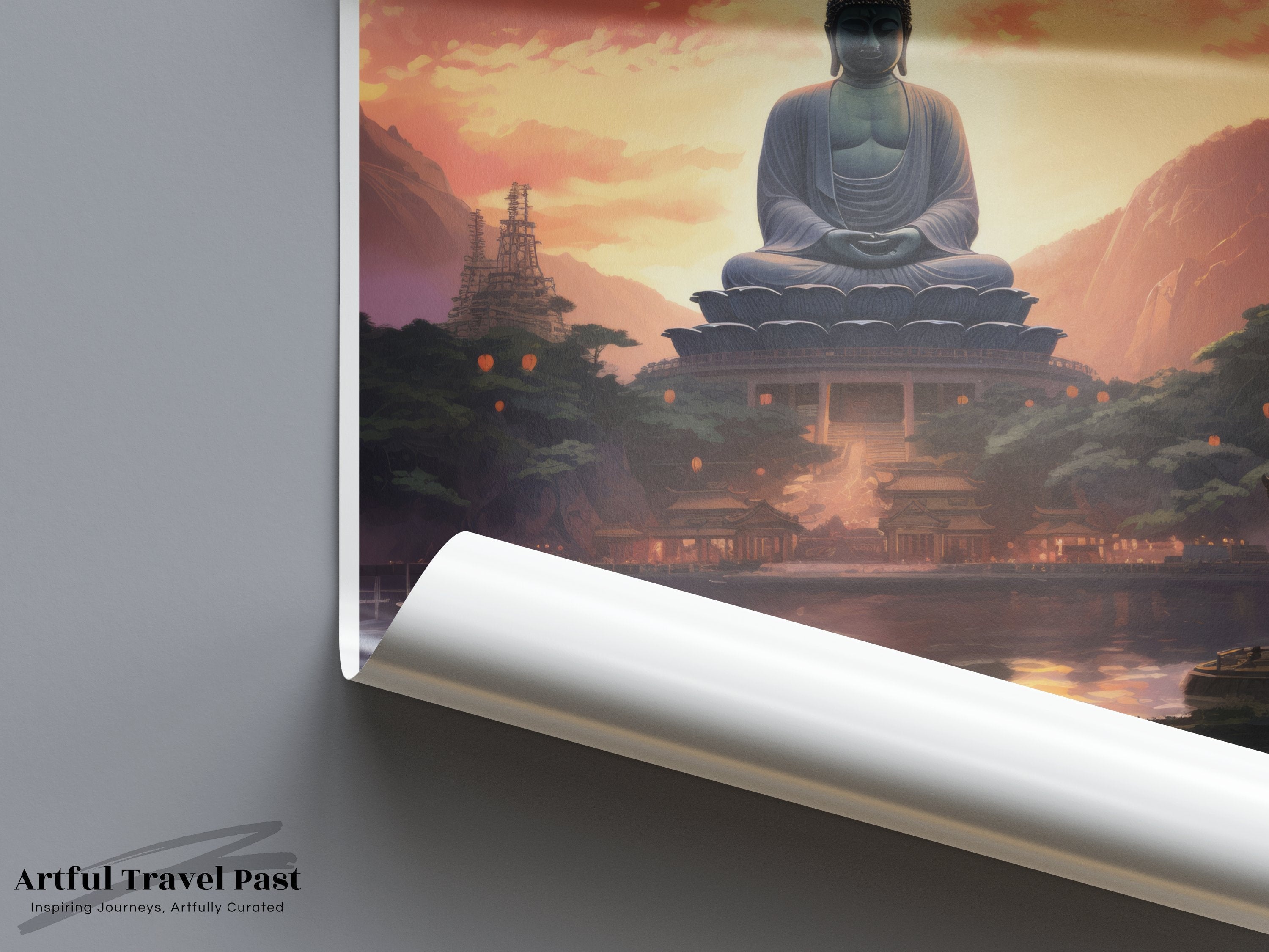 Great Buddha Wall Art, Hong Kong Sunset Scene, Tranquil Landscape, Buddhist Temple Decor, Asian Artwork Print, Spiritual Meditation Decor