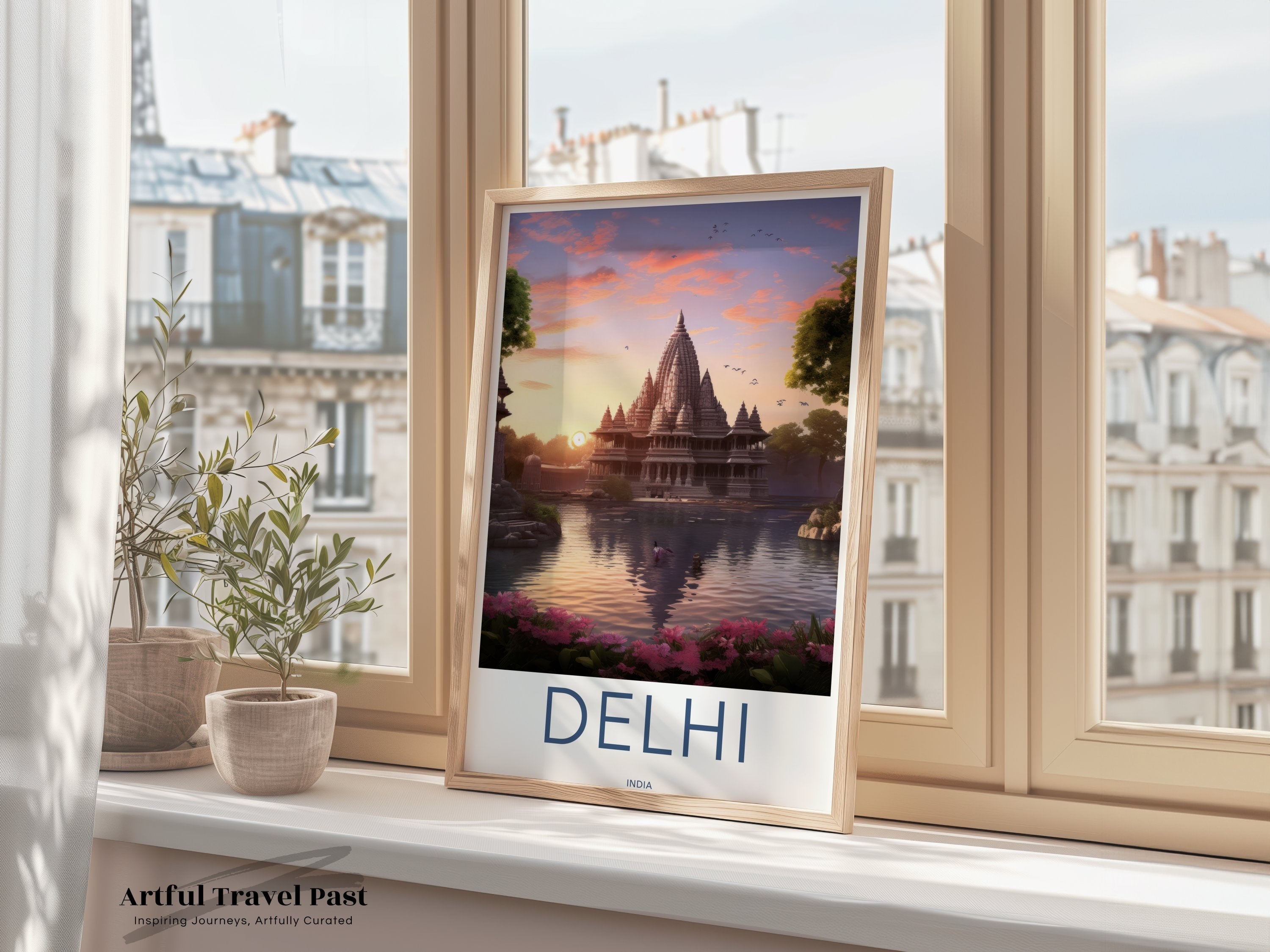 Delhi Wall Art, Sunrise Scene, Historic Temple, Serene Lake, Architectural Beauty, Culture and Nature, Home Decor, Travel Poster