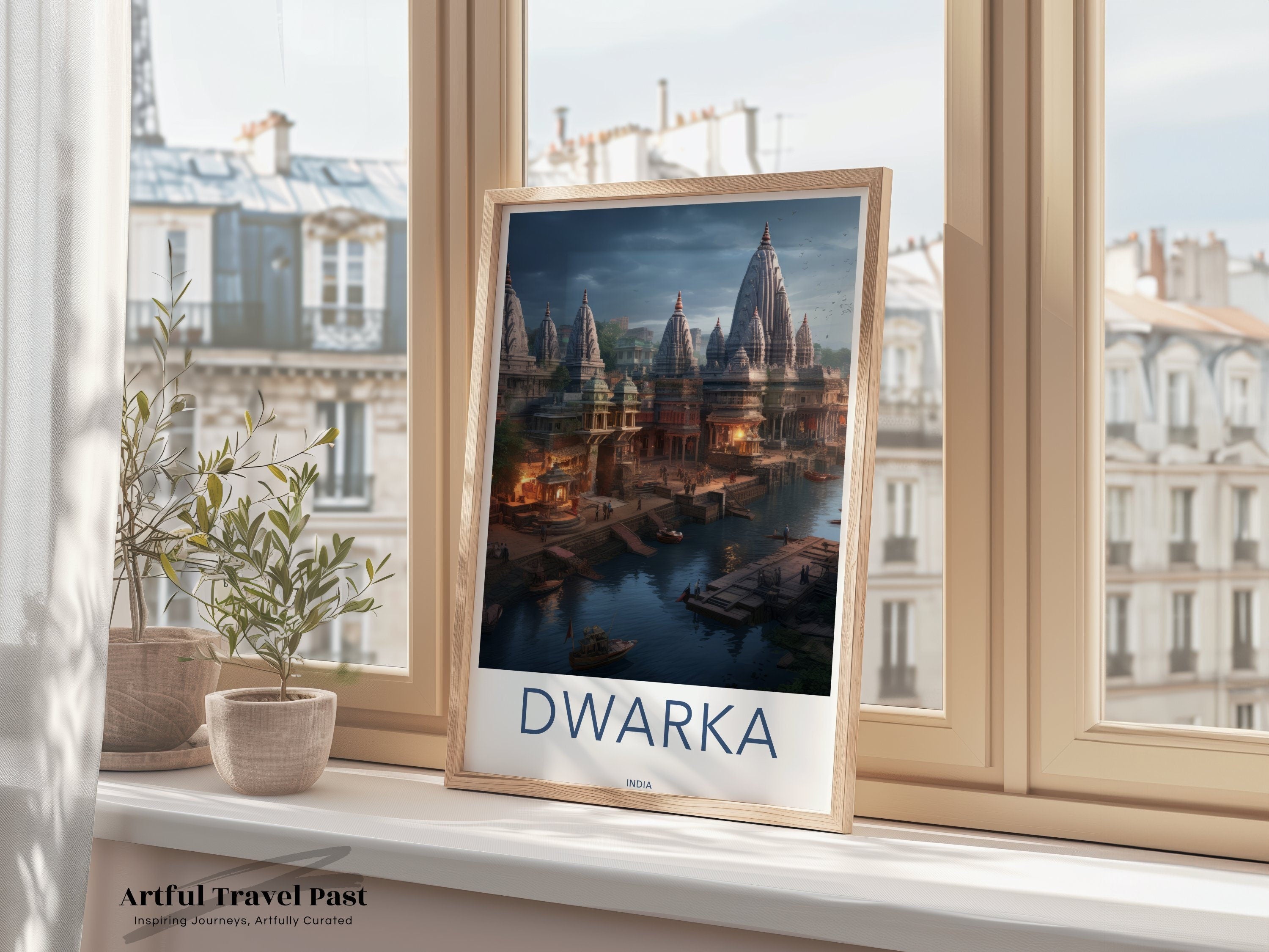 Ancient Dwarka Cityscape Wall Art, Historical Indian Temple Architecture Print, Cultural Heritage Poster, Coastal Indian Landmark Art