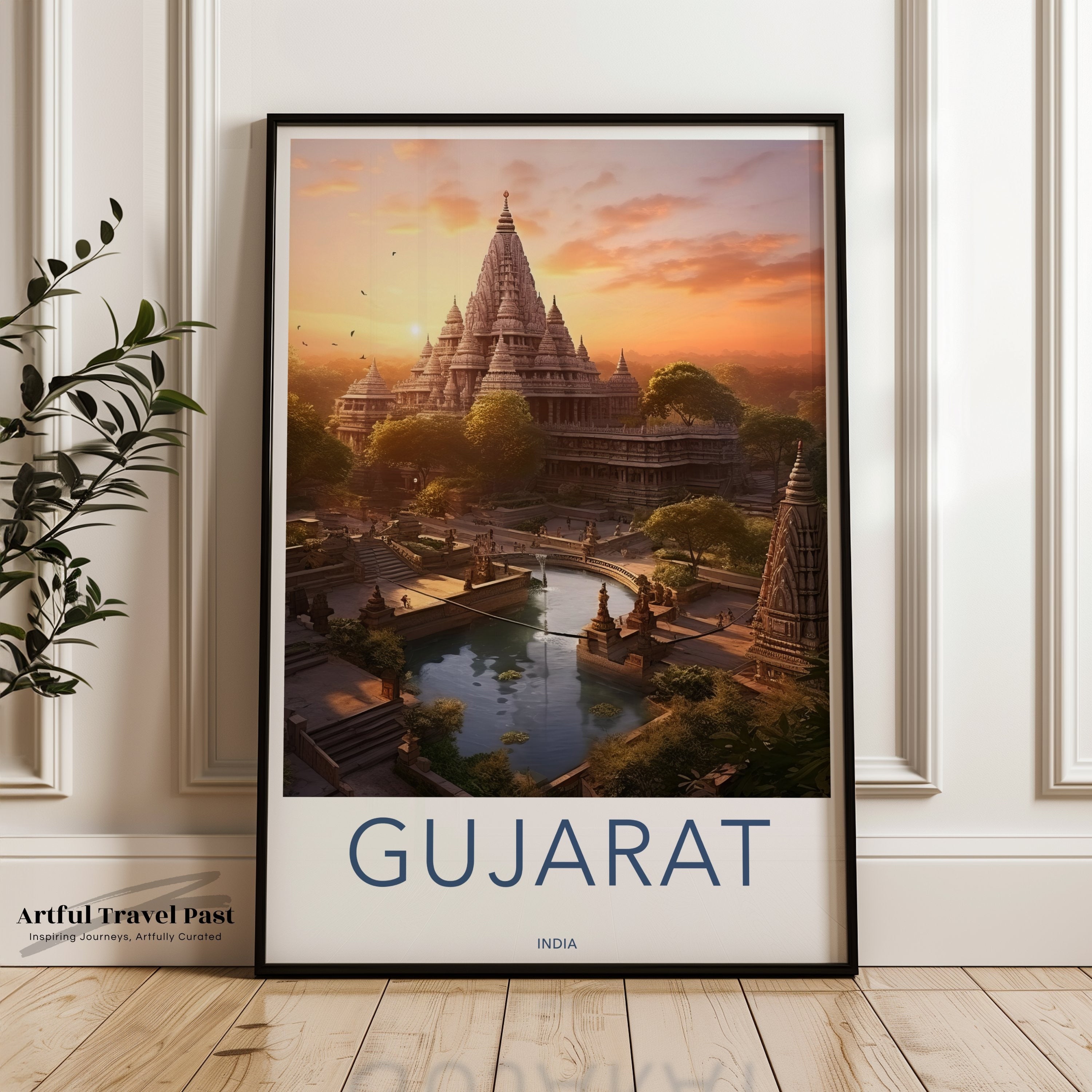 Sunset over Ancient Temple, Gujarat Wall Art, Architectural Wonders, Cultural Landmarks, Vibrant Colors, Historic Location