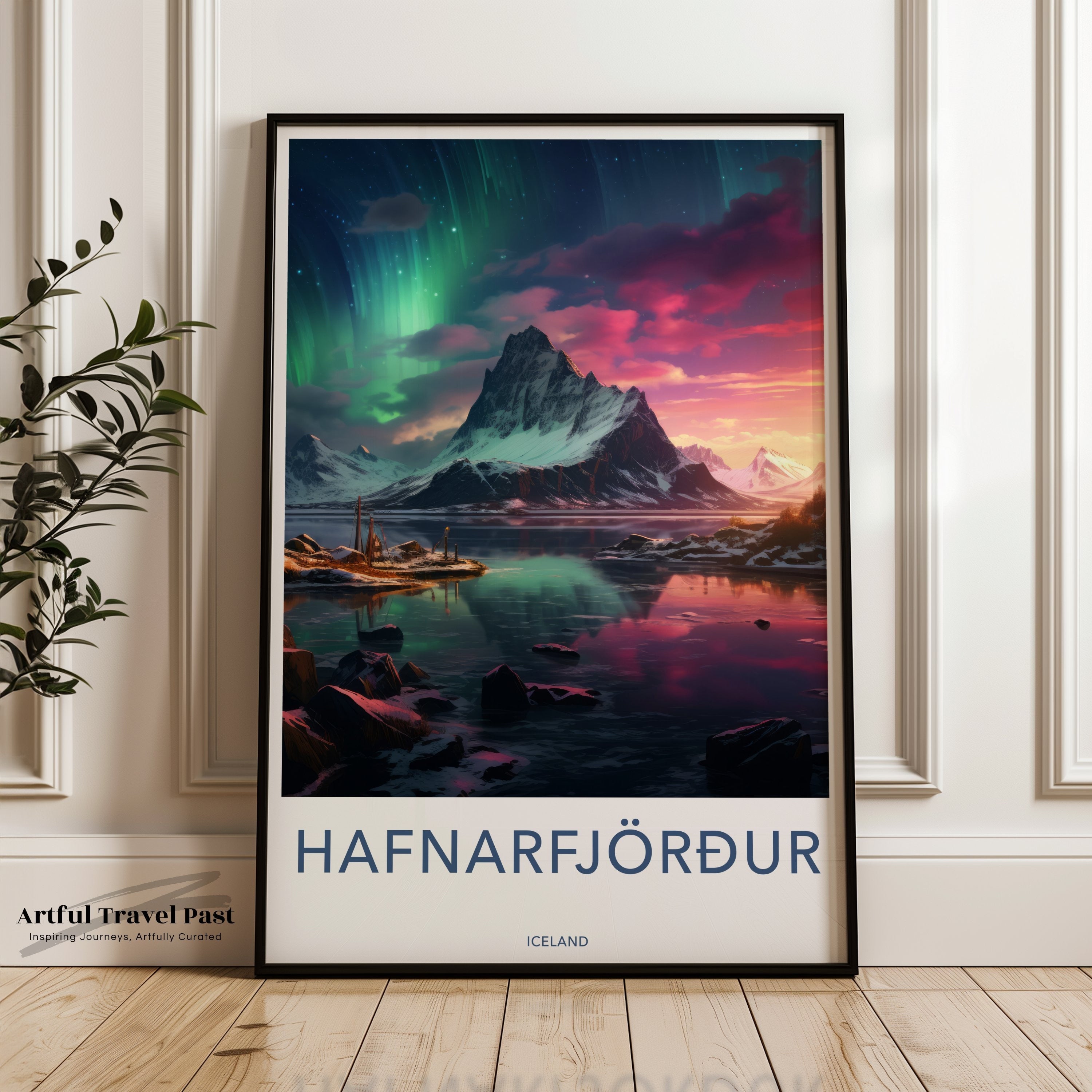 Hafnarfjörður Iceland Landscape Wall Art, Northern Lights Aurora Borealis, Mountain and Water Reflection, Scenic Nature Print