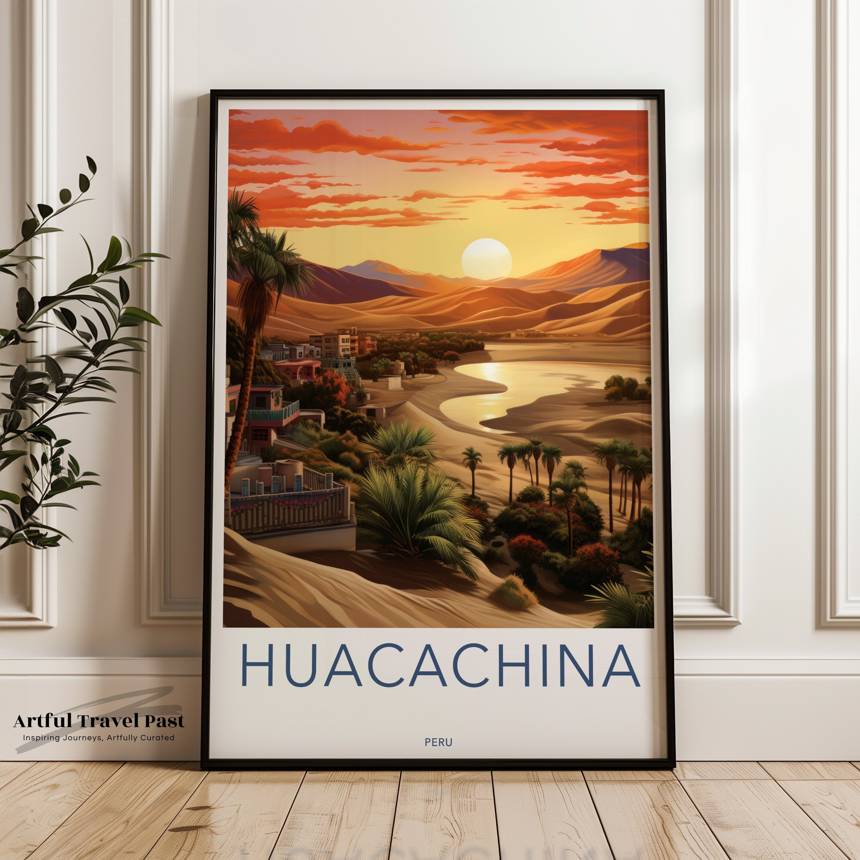 Huacachina Sunset Wall Art Print, Desert Oasis Landscape, Peru Travel Poster, Scenic Nature, Sand Dunes and Palm Trees, Home Decor