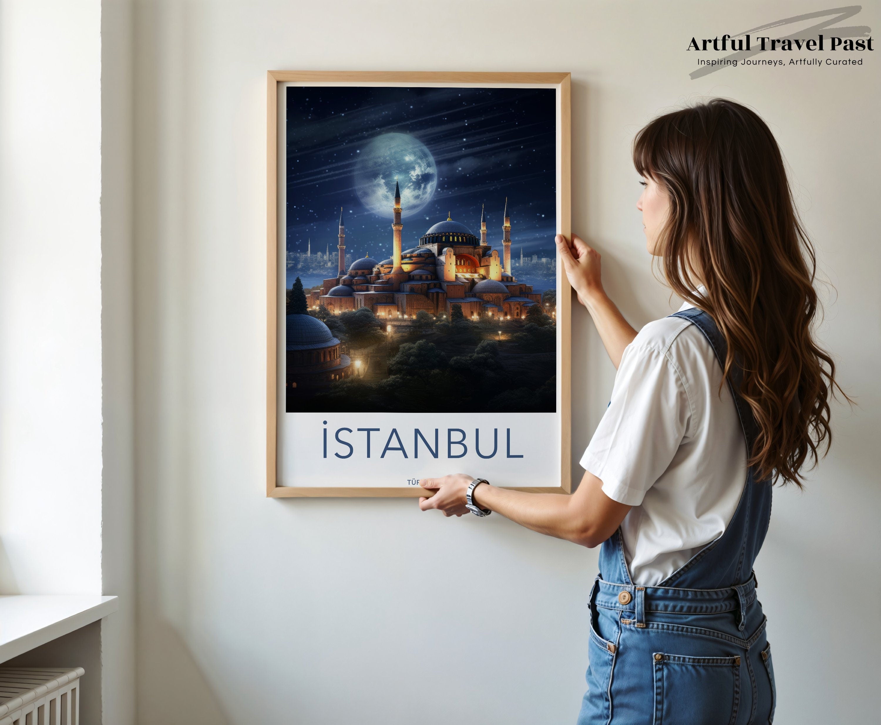 Istanbul Cityscape at Night Wall Art, Hagia Sophia Under Moonlight Print, Iconic Turkish Landmark Decor, Vintage Travel Poster