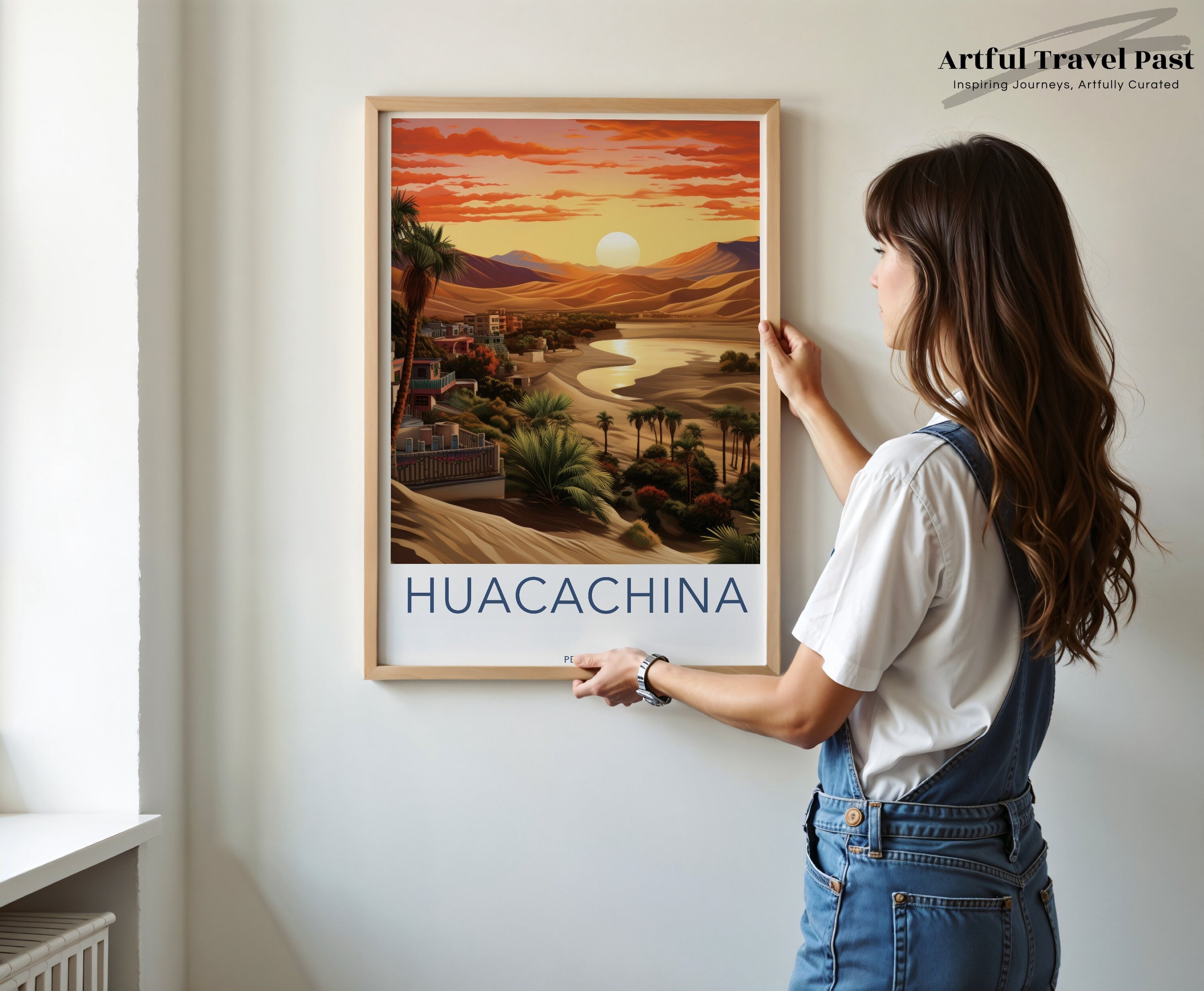 Huacachina Sunset Wall Art Print, Desert Oasis Landscape, Peru Travel Poster, Scenic Nature, Sand Dunes and Palm Trees, Home Decor