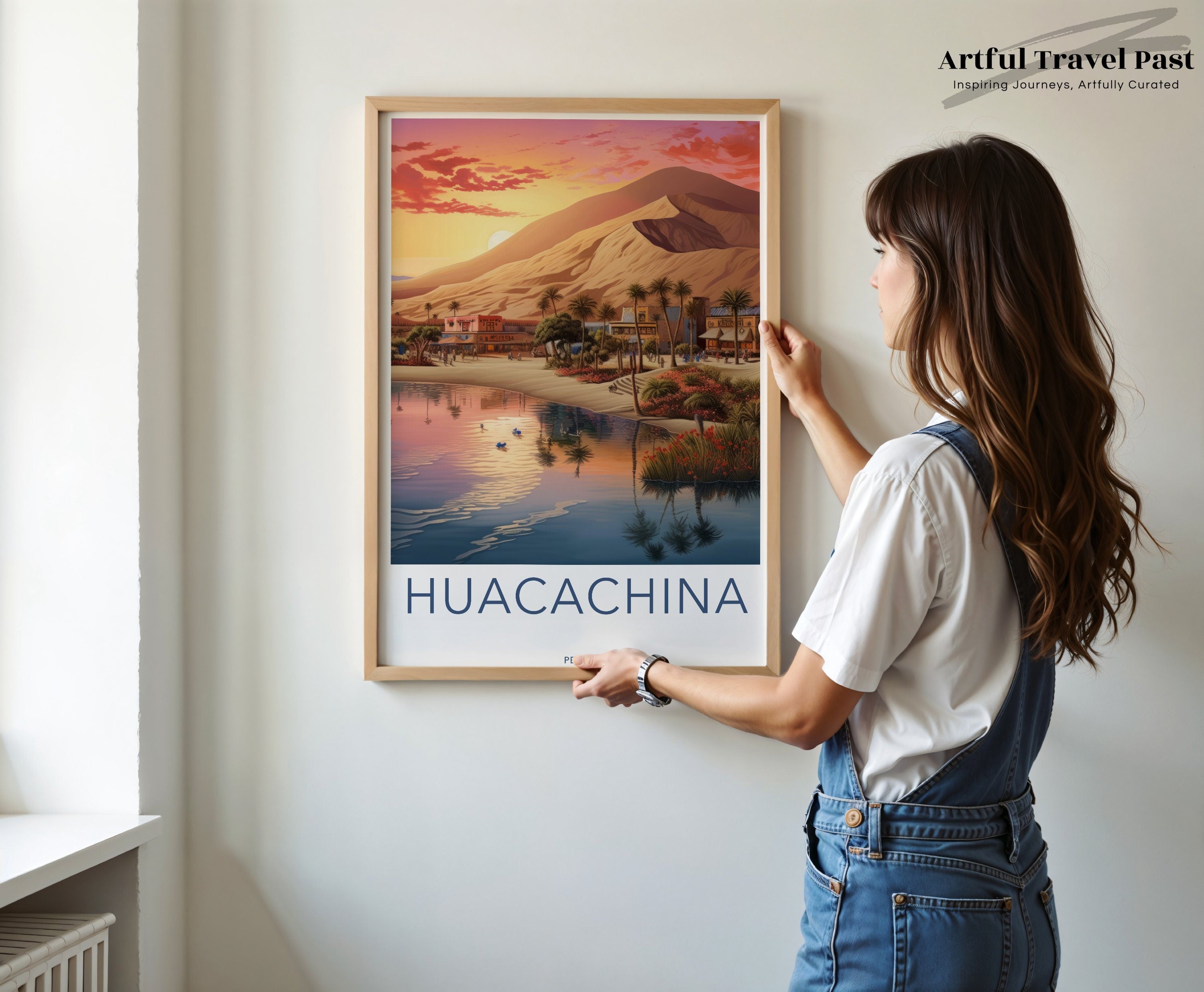 Huacachina Dreamy Dusk Wall Art, Peru Desert Oasis Print, Colorful Sunset Landscape, Serene Water Reflection, Bohemian Home Decor