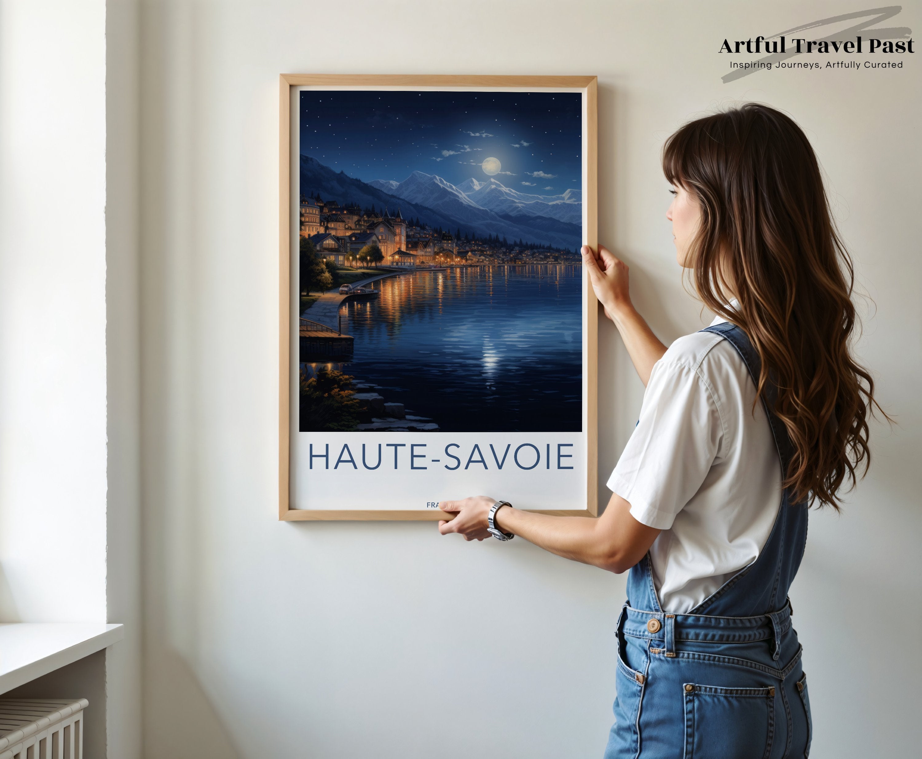 Haute-Savoie Wall Art, Nighttime Scenic Landscape, Mountain Town, Moonlit Reflection, French Alps Poster, Home or Office Decor