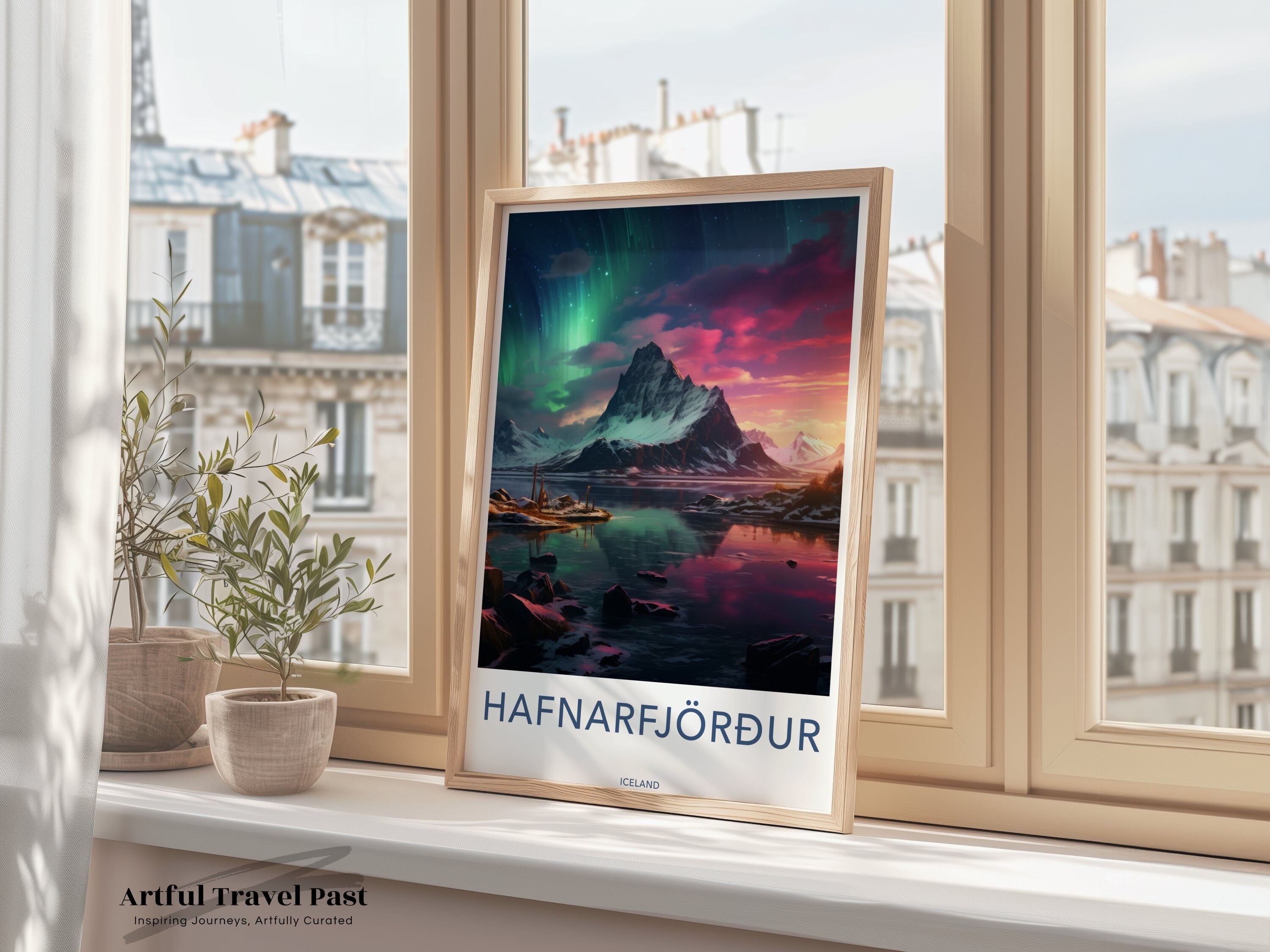 Hafnarfjörður Iceland Landscape Wall Art, Northern Lights Aurora Borealis, Mountain and Water Reflection, Scenic Nature Print