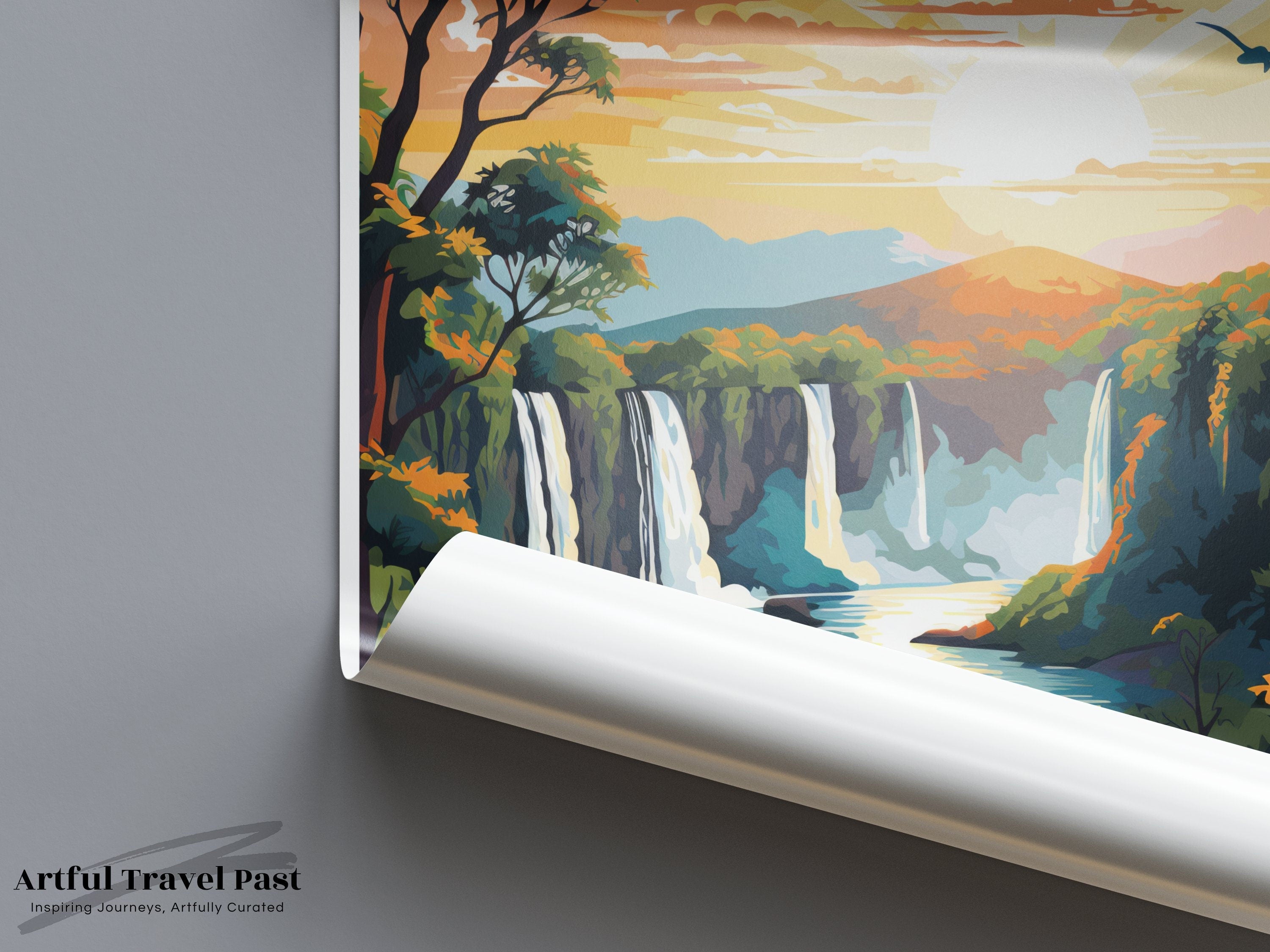 Iguazu Falls Wall Art, Scenic Sunset Waterfall Print, Brazil Nature Landscape, Colorful Nature Poster, Home Decor, Travel Art