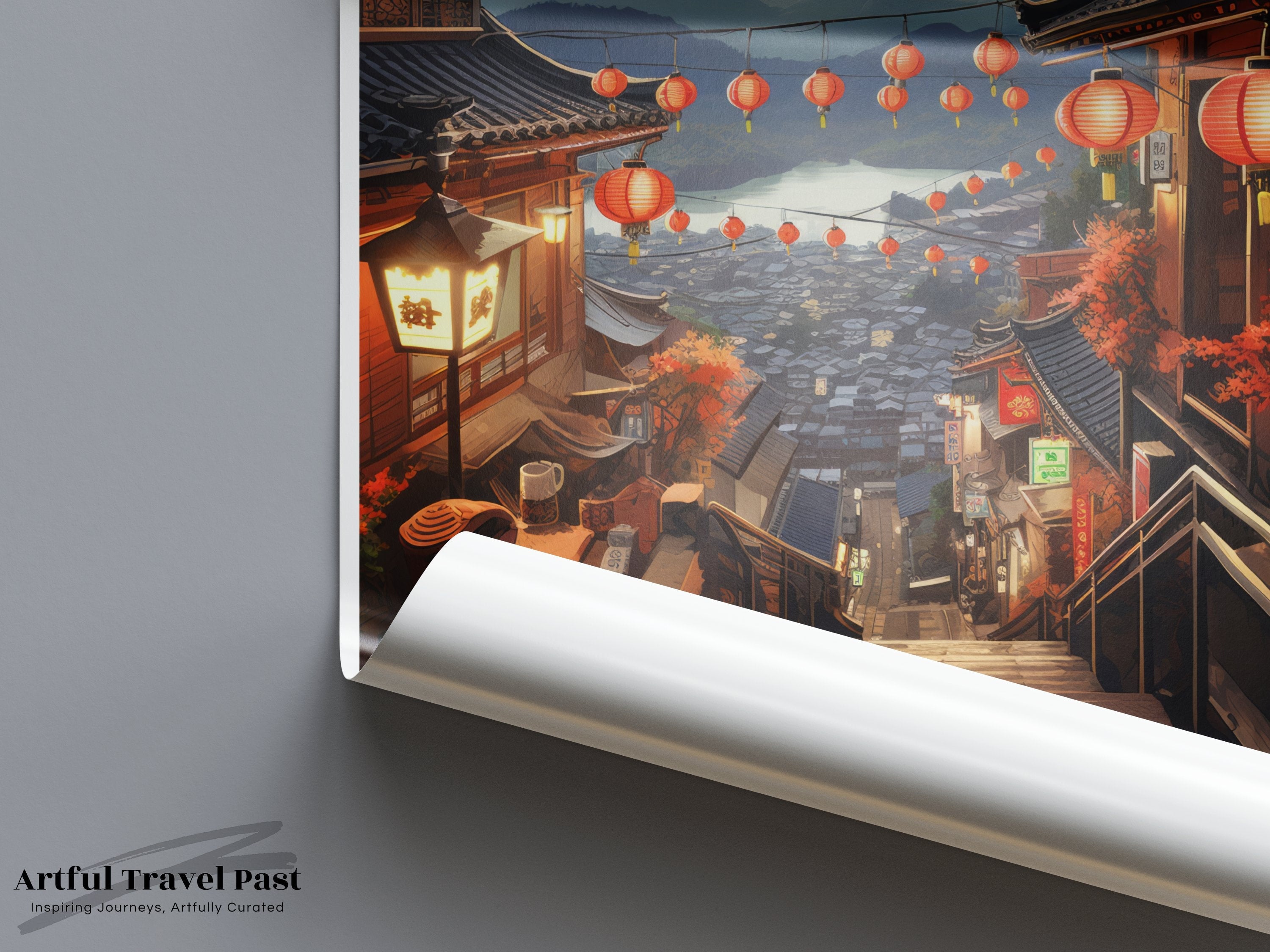 Jiufen Poster, Taiwan Wall Art, Travel Print, Scenic Landscape, Asian Decor, Lantern Street, Mountain View, Home Decor