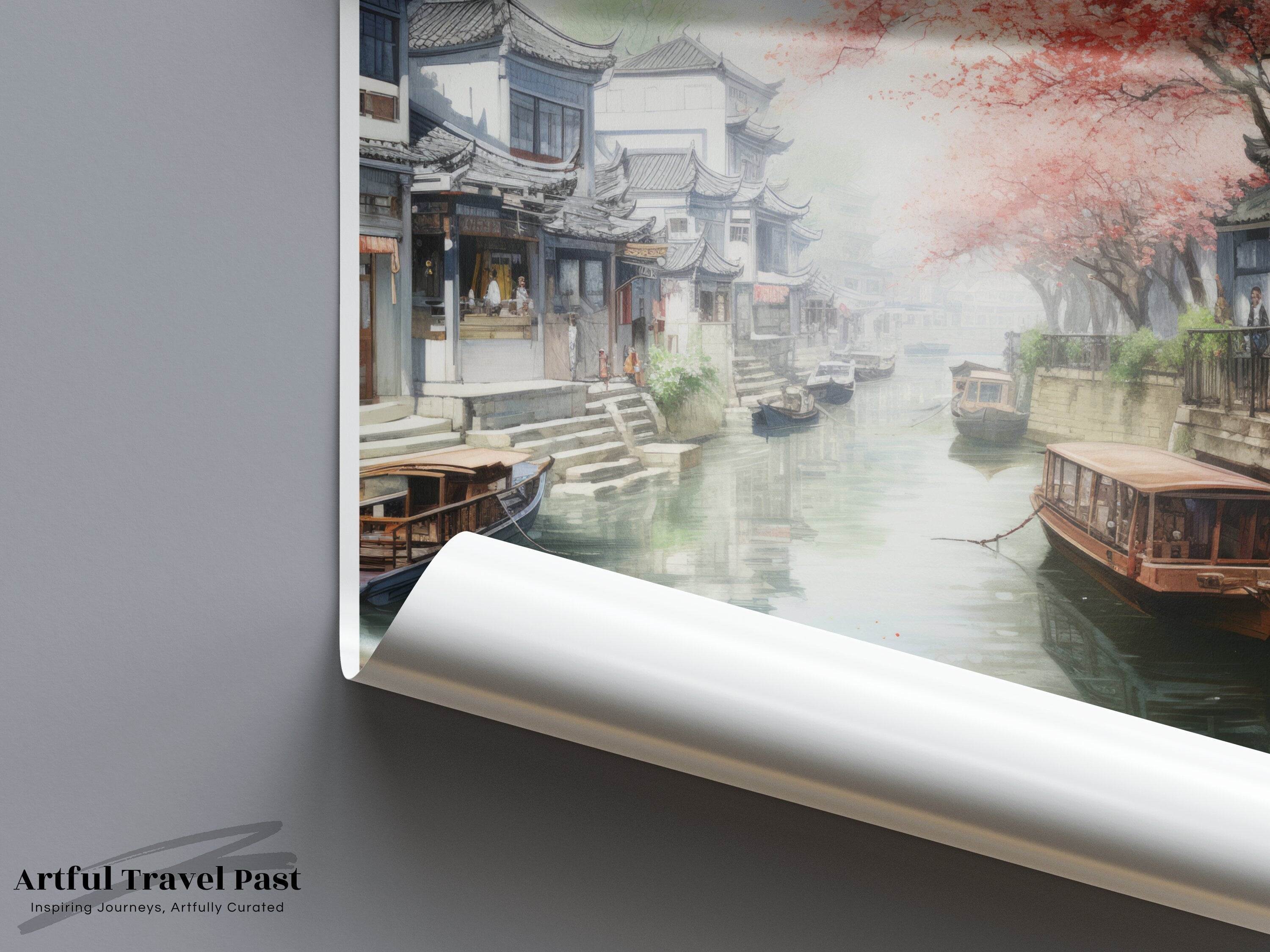 Jiading China Wall Art, Cherry Blossoms, Traditional Architecture, Scenic Waterway, Cultural Heritage, Home Decor, Art Print