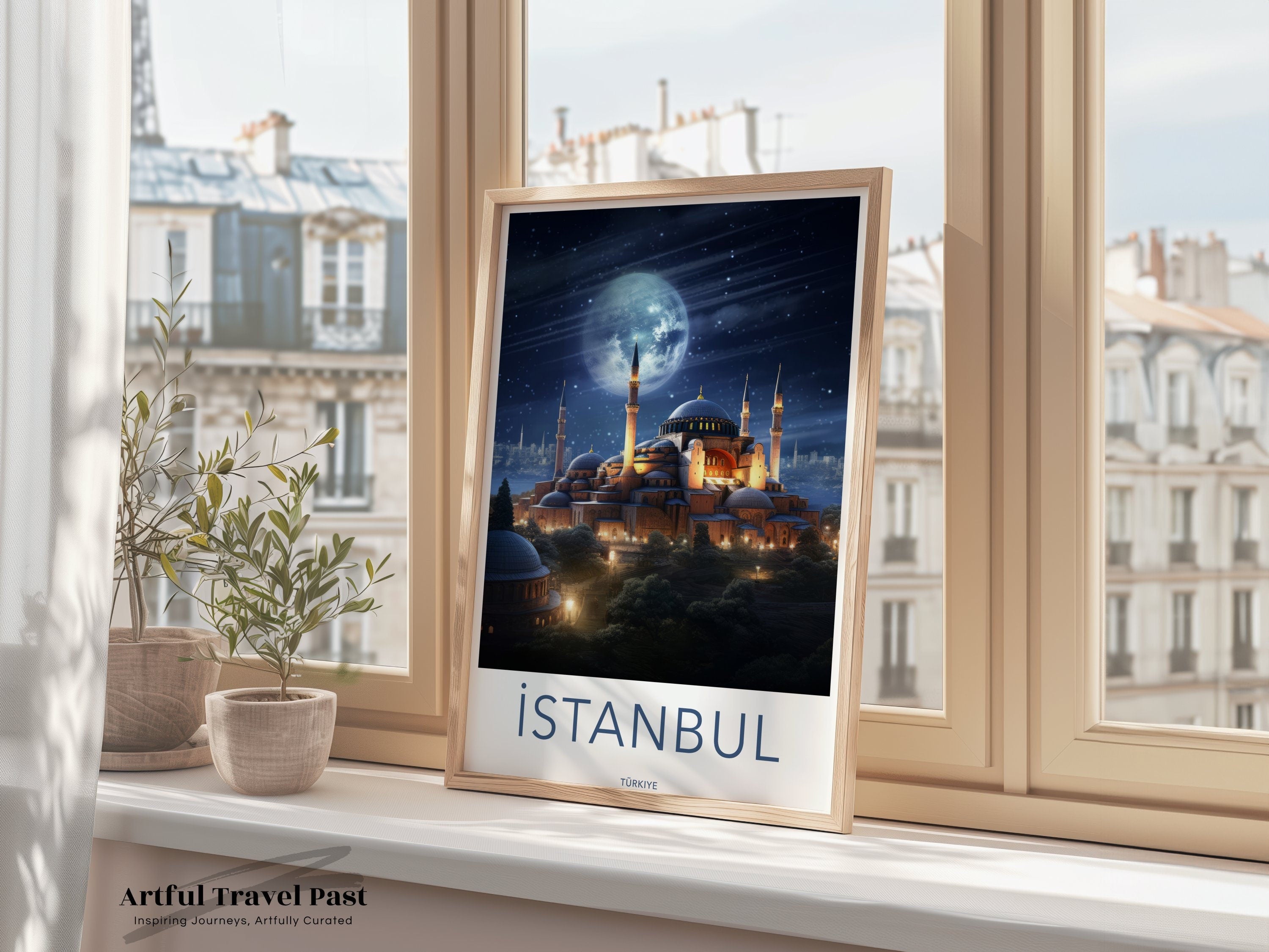 Istanbul Cityscape at Night Wall Art, Hagia Sophia Under Moonlight Print, Iconic Turkish Landmark Decor, Vintage Travel Poster