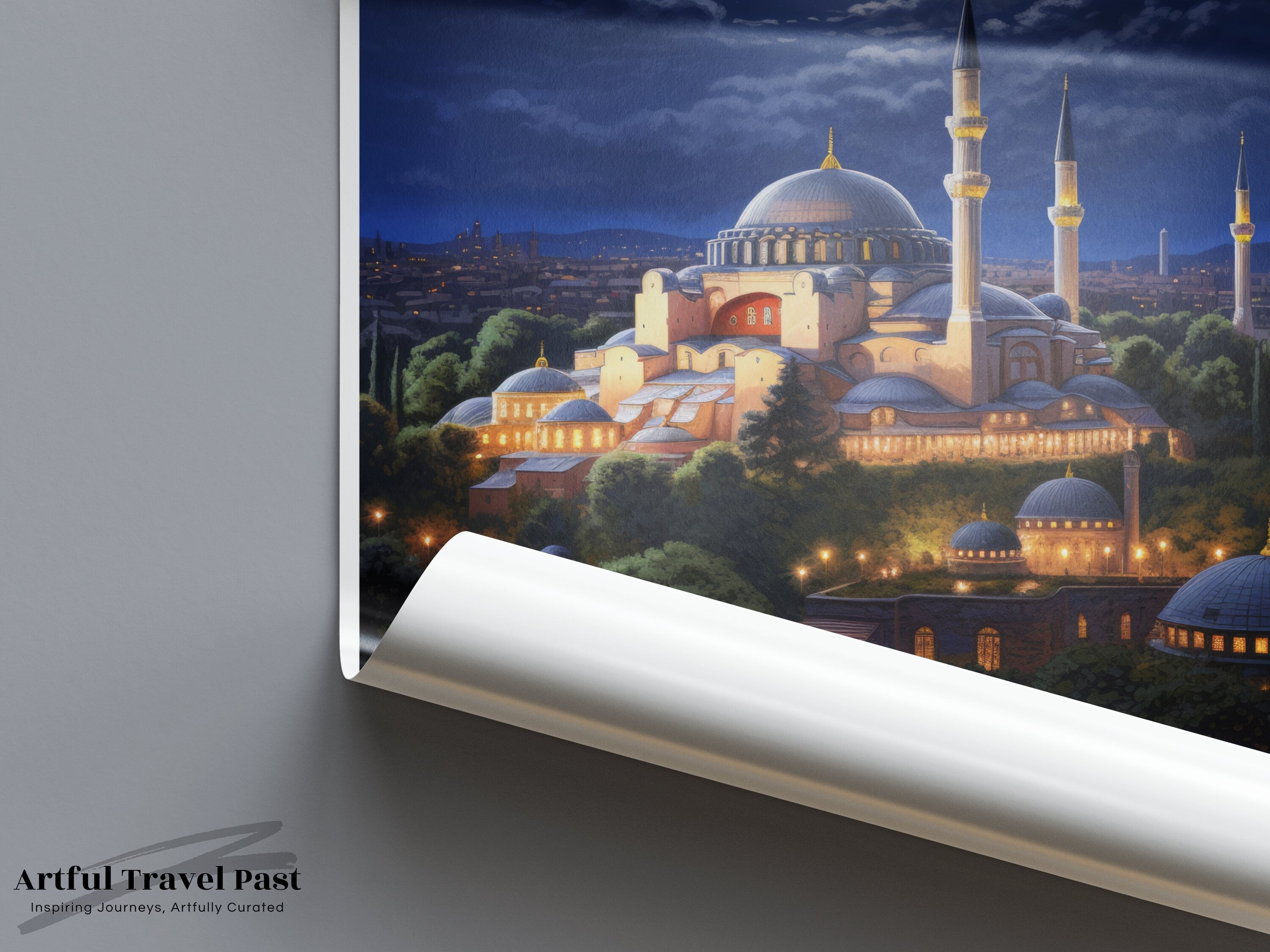 Istanbul Wall Art, Moonlit Cityscape Poster, Hagia Sophia Illustration, Nighttime Architectural Print, Turkish Cultural Landmark