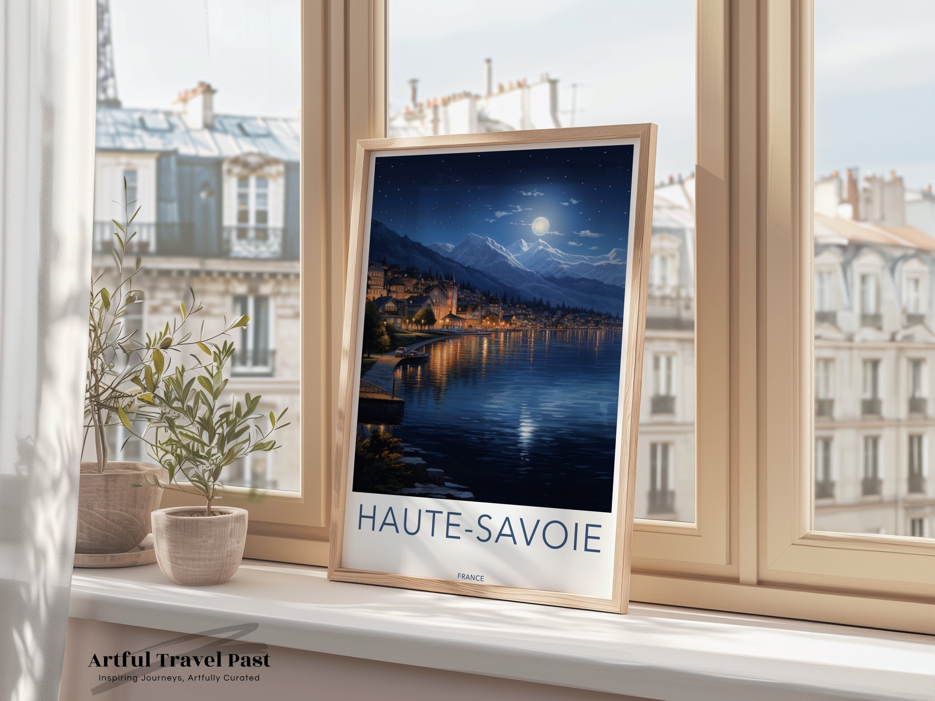 Haute-Savoie Wall Art, Nighttime Scenic Landscape, Mountain Town, Moonlit Reflection, French Alps Poster, Home or Office Decor