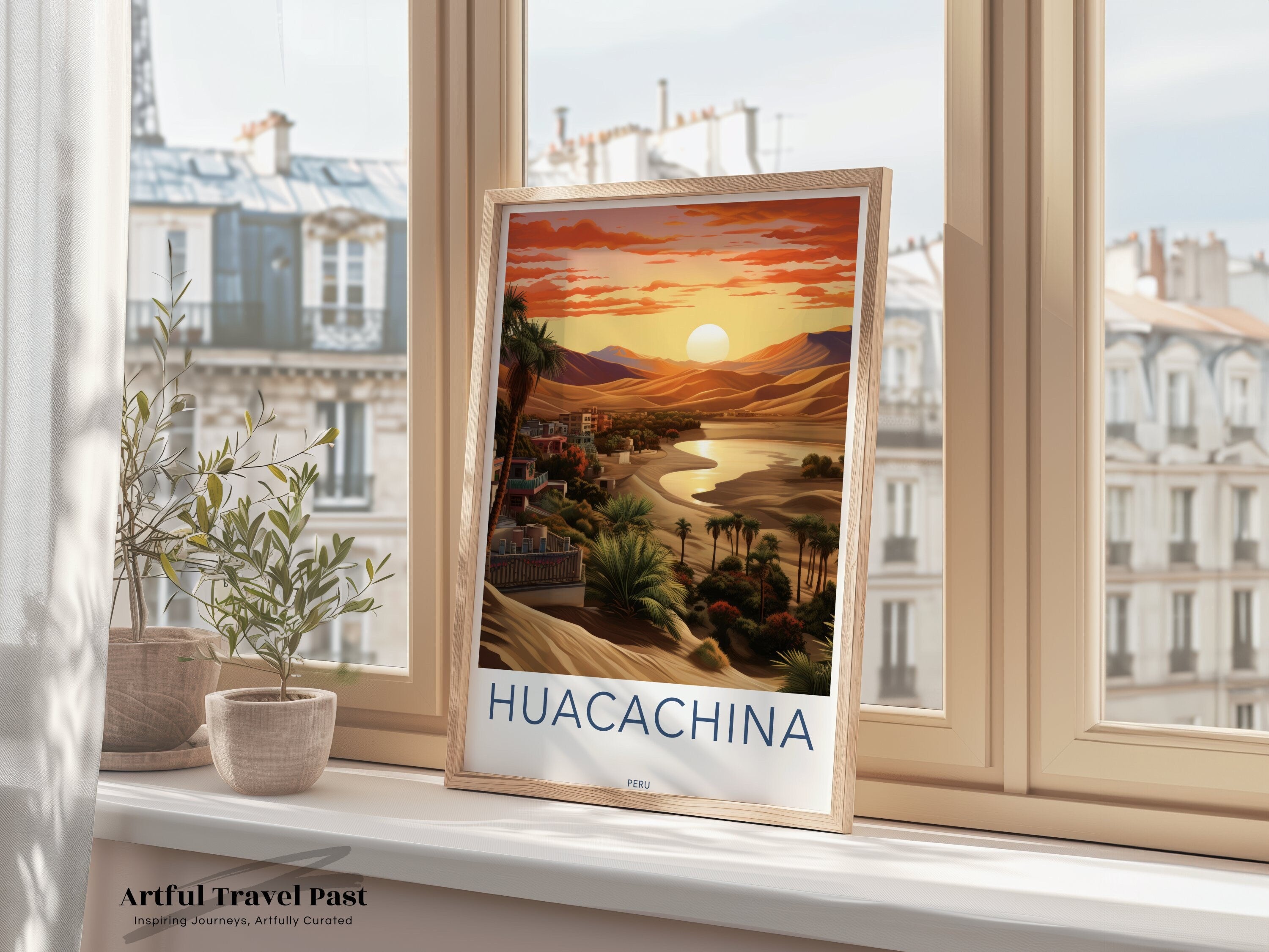 Huacachina Sunset Wall Art Print, Desert Oasis Landscape, Peru Travel Poster, Scenic Nature, Sand Dunes and Palm Trees, Home Decor