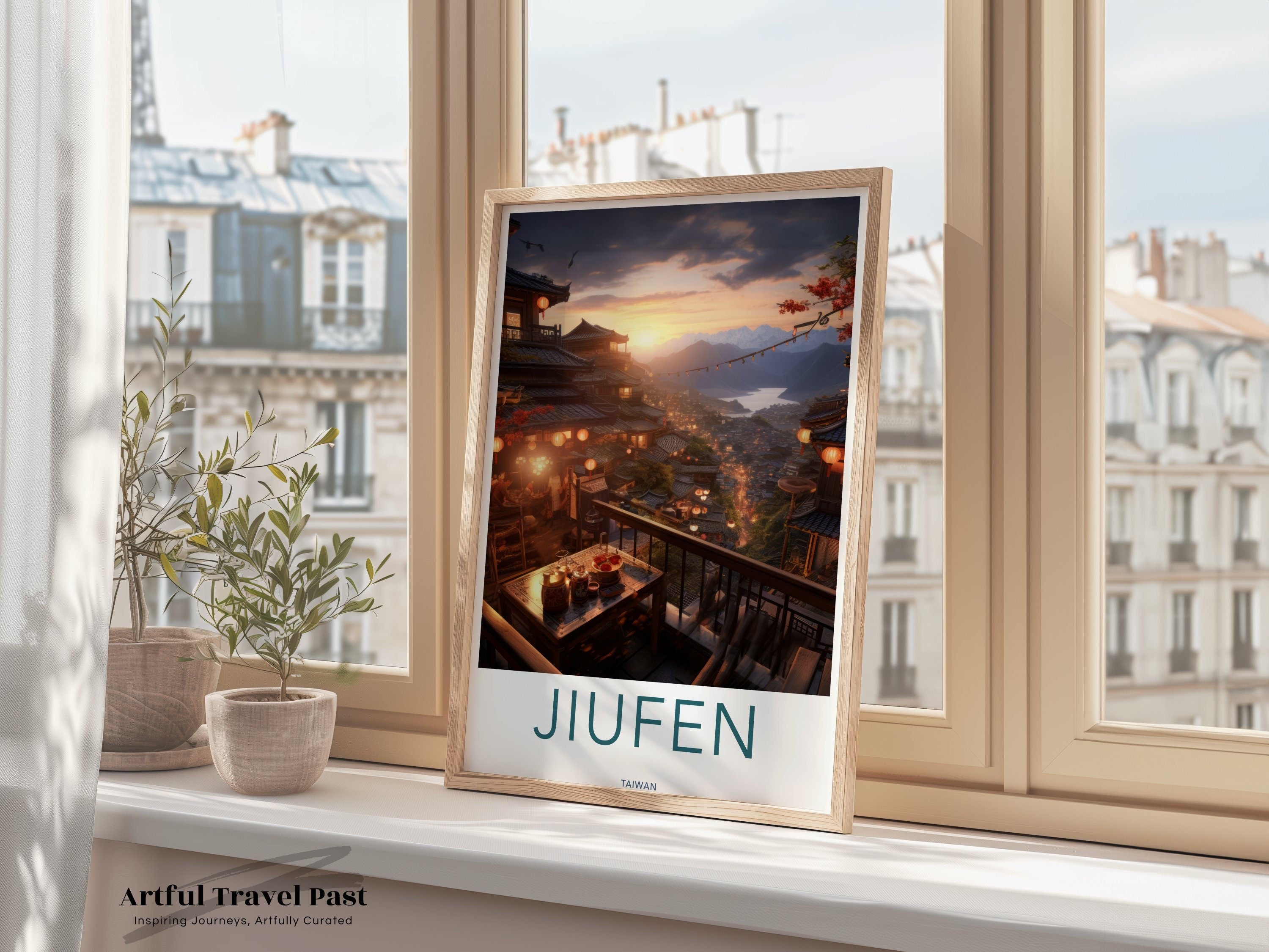 Jiufen Taiwan Sunset Scenic View Wall Art, Traditional Lanterns, Mountains, Picturesque Landscape, Charming Village Decor