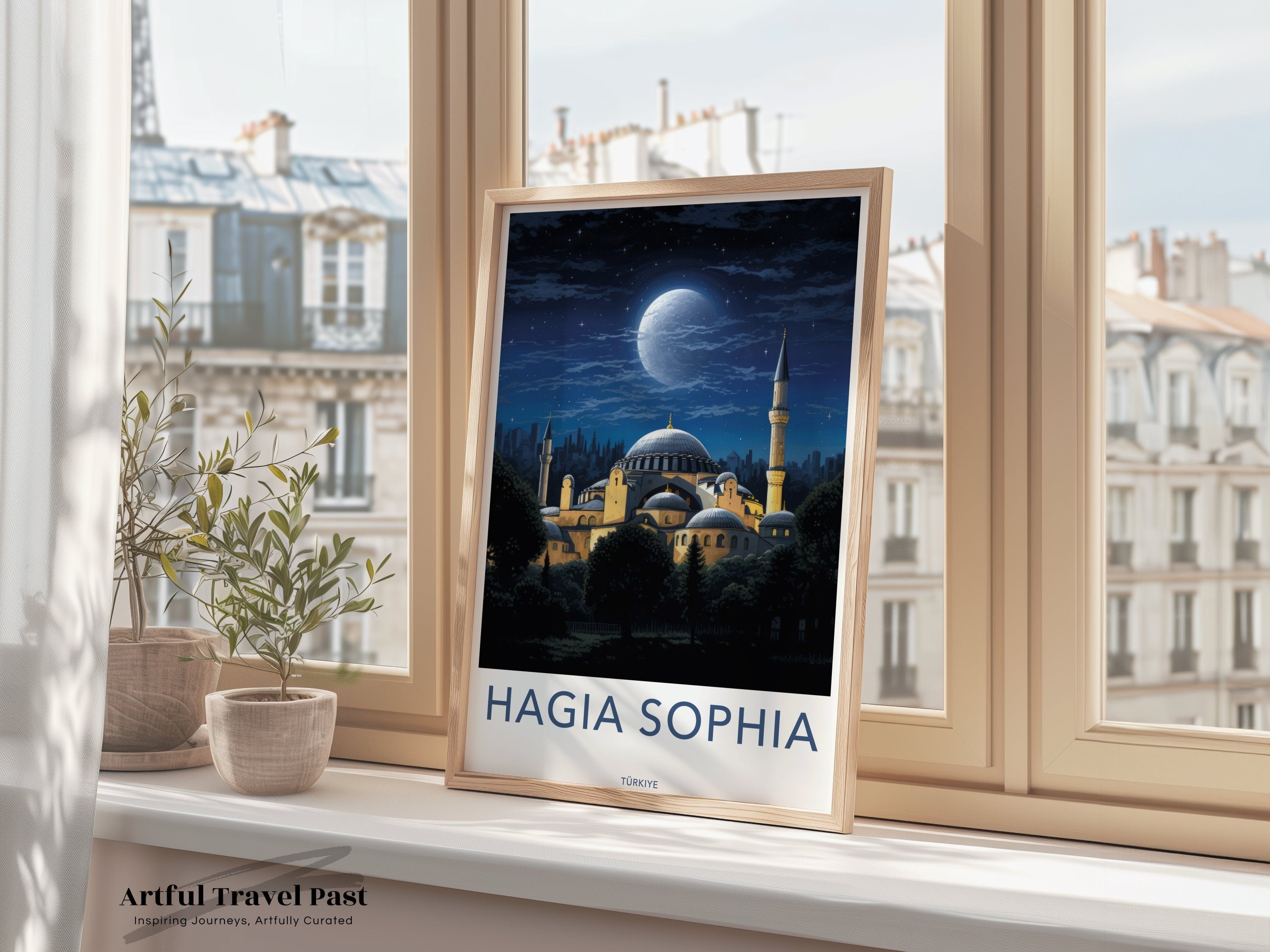 Hagia Sophia Wall Art, Historic Landmark Print, Night View with Moon, Architectural Wonders, Cultural Significance