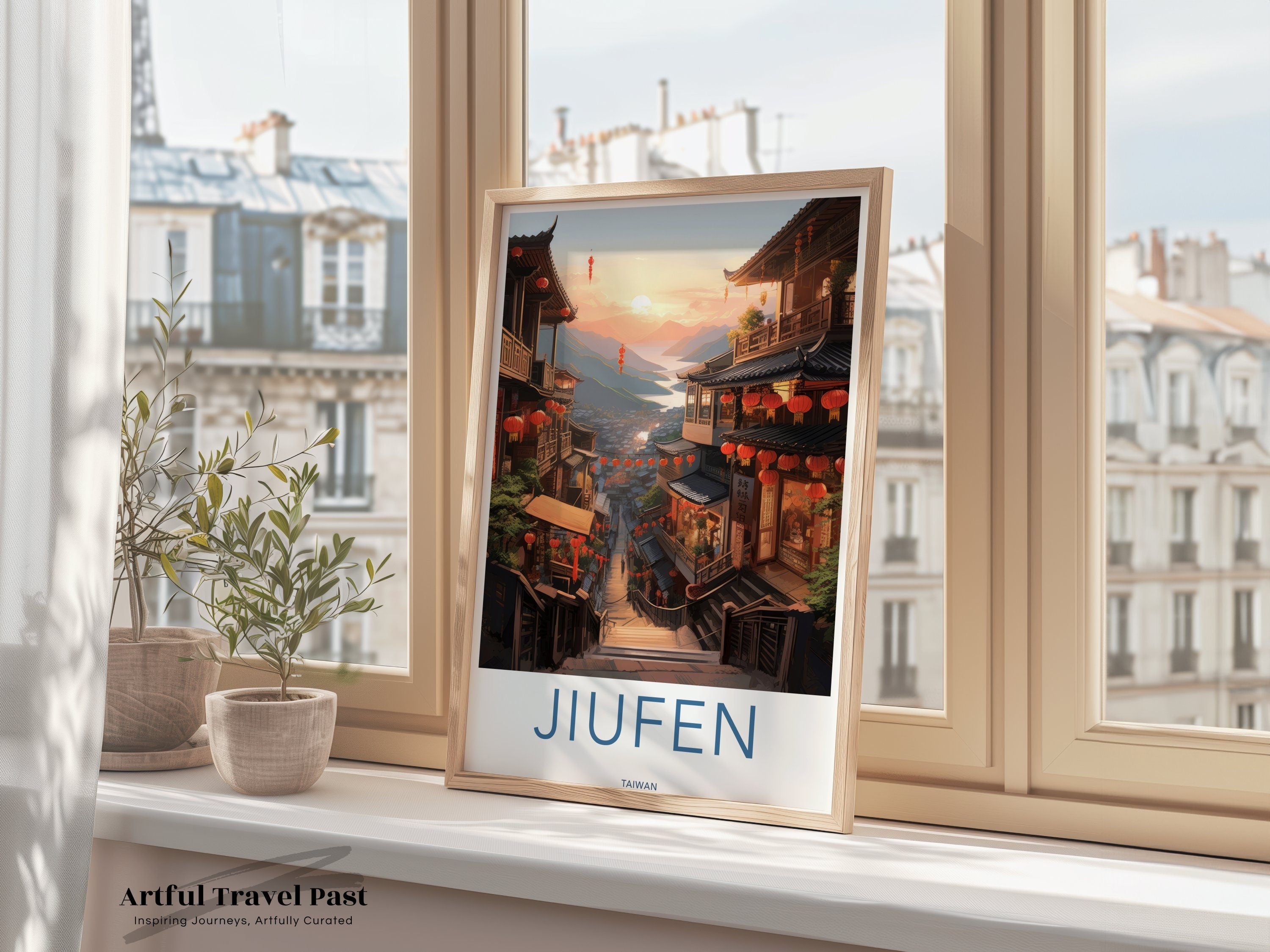 Jiufen Taiwan Wall Art, Stunning Sunset Landscape, Traditional Architecture, Chinese Lanterns, Asian Culture Artwork, Travel Decor