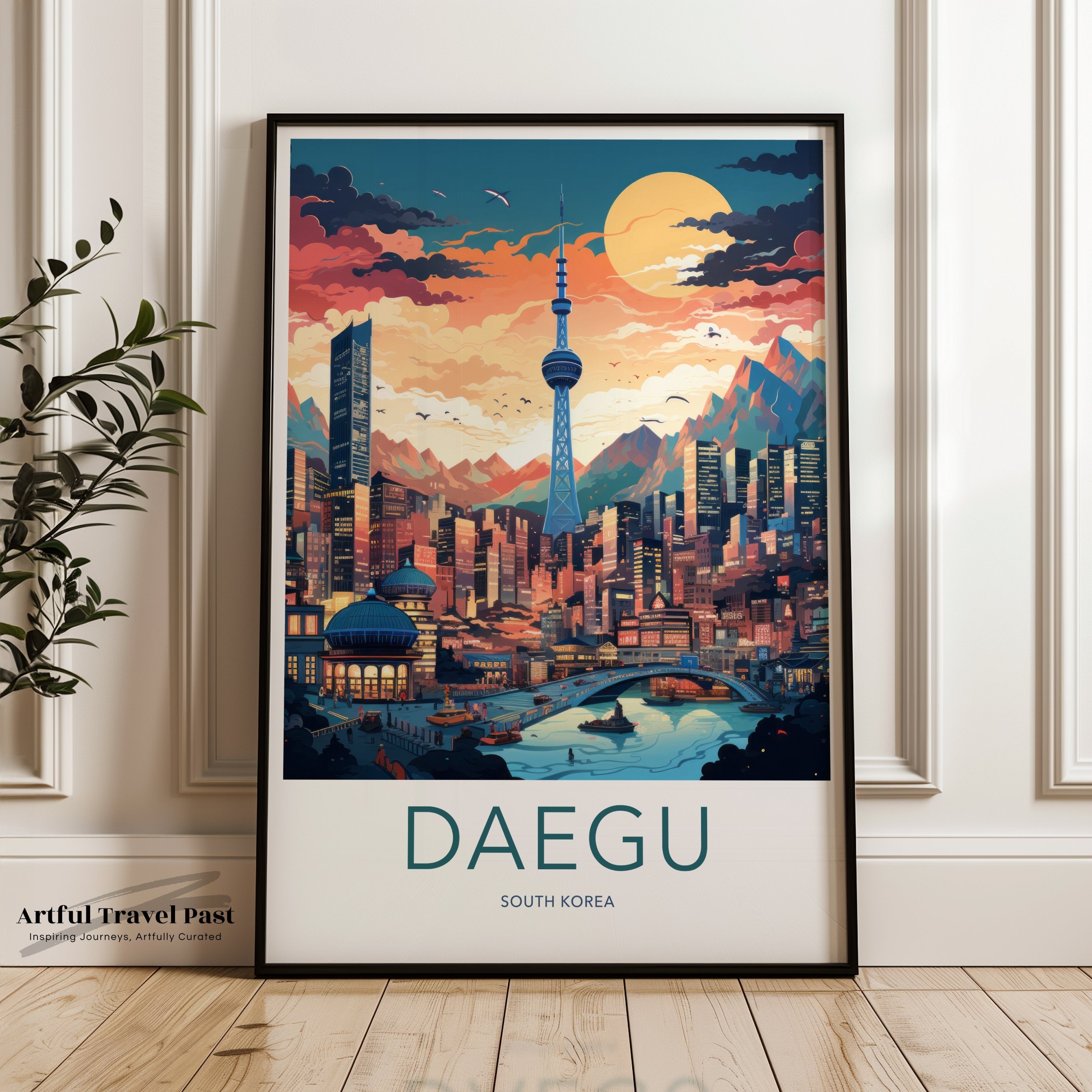 Daegu South Korea skyline wall art, vibrant cityscape print, travel poster, colorful urban decor, modern home decoration