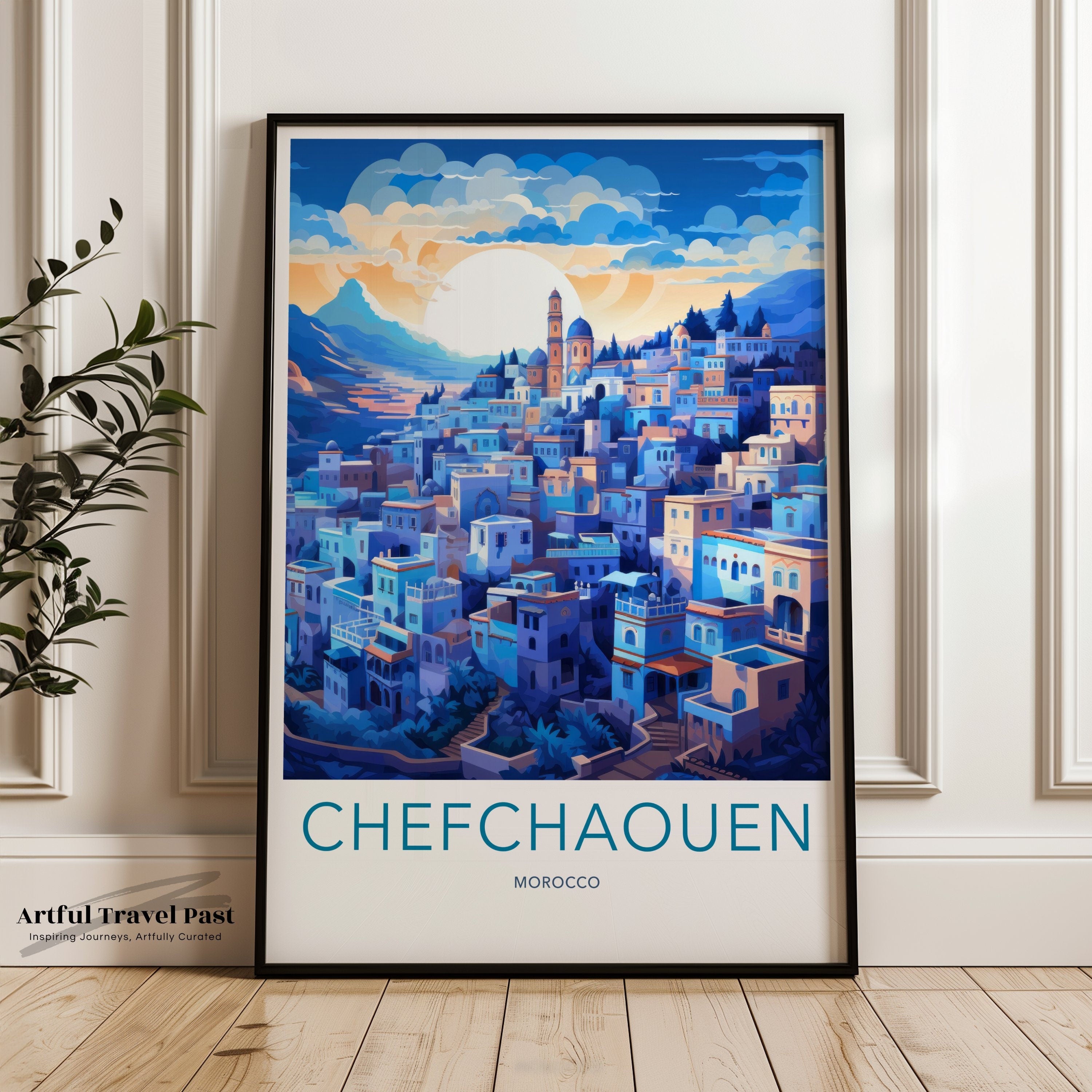 Chefchaouen Wall Art, Blue City Poster, Vibrant Moroccan Landscape Decoration, Colorful Cityscape Print, Sunset Urban Decor