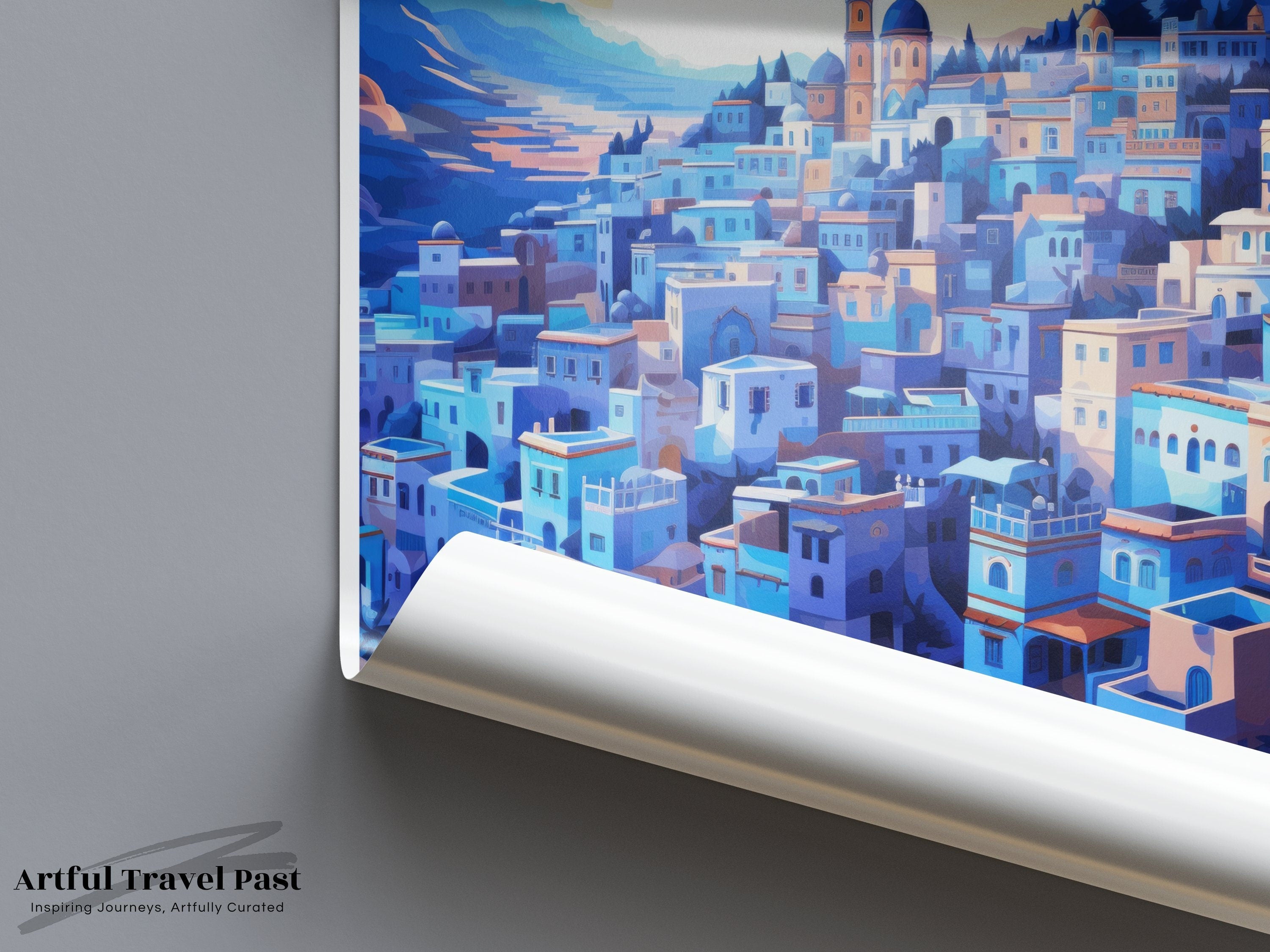 Chefchaouen Wall Art, Blue City Poster, Vibrant Moroccan Landscape Decoration, Colorful Cityscape Print, Sunset Urban Decor