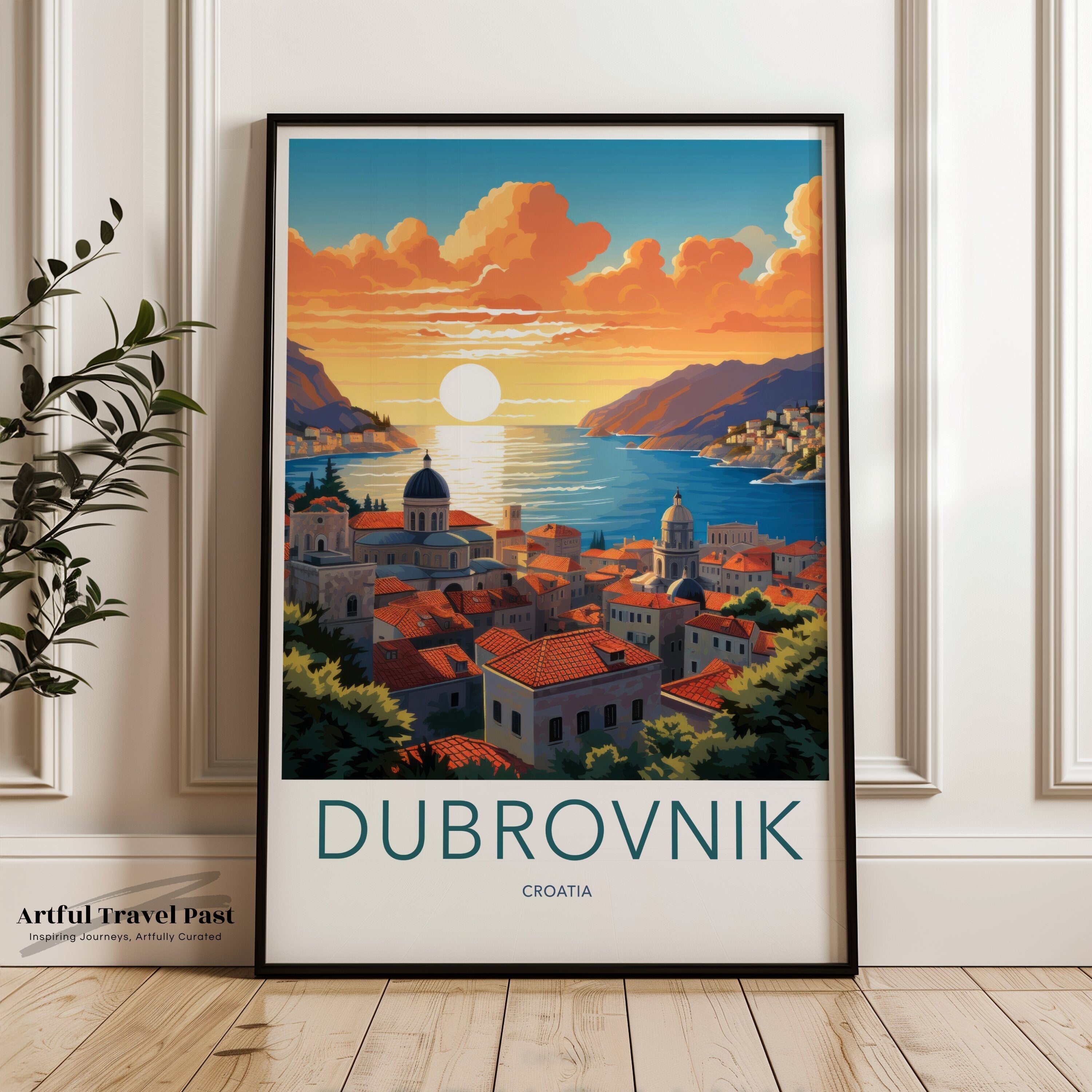 Dubrovnik Croatia Wall Art Print, Sunset Coastal Cityscape Poster, Mediterranean Travel Decor, Vibrant Scenic Landscape Artwork