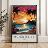 Vintage Honolulu Hawaii Poster, Sunset Beach Wall Art, Tropical Palm Tree Print, City Skyline Decor, Retro Travel Art