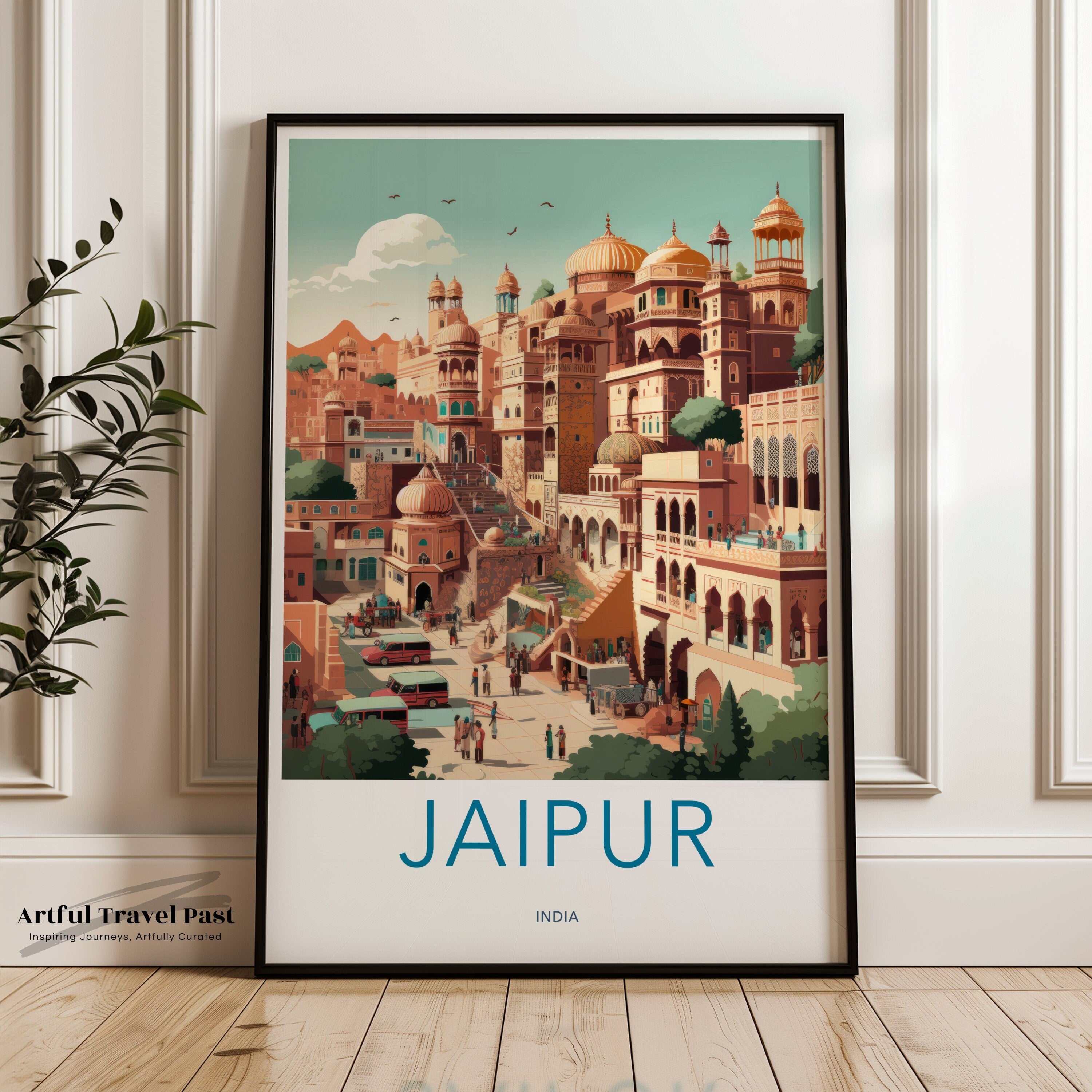 Jaipur Cityscape Illustration, Indian Architecture Wall Art, Travel Poster, Vintage Style Decor, Colorful Home Decoration