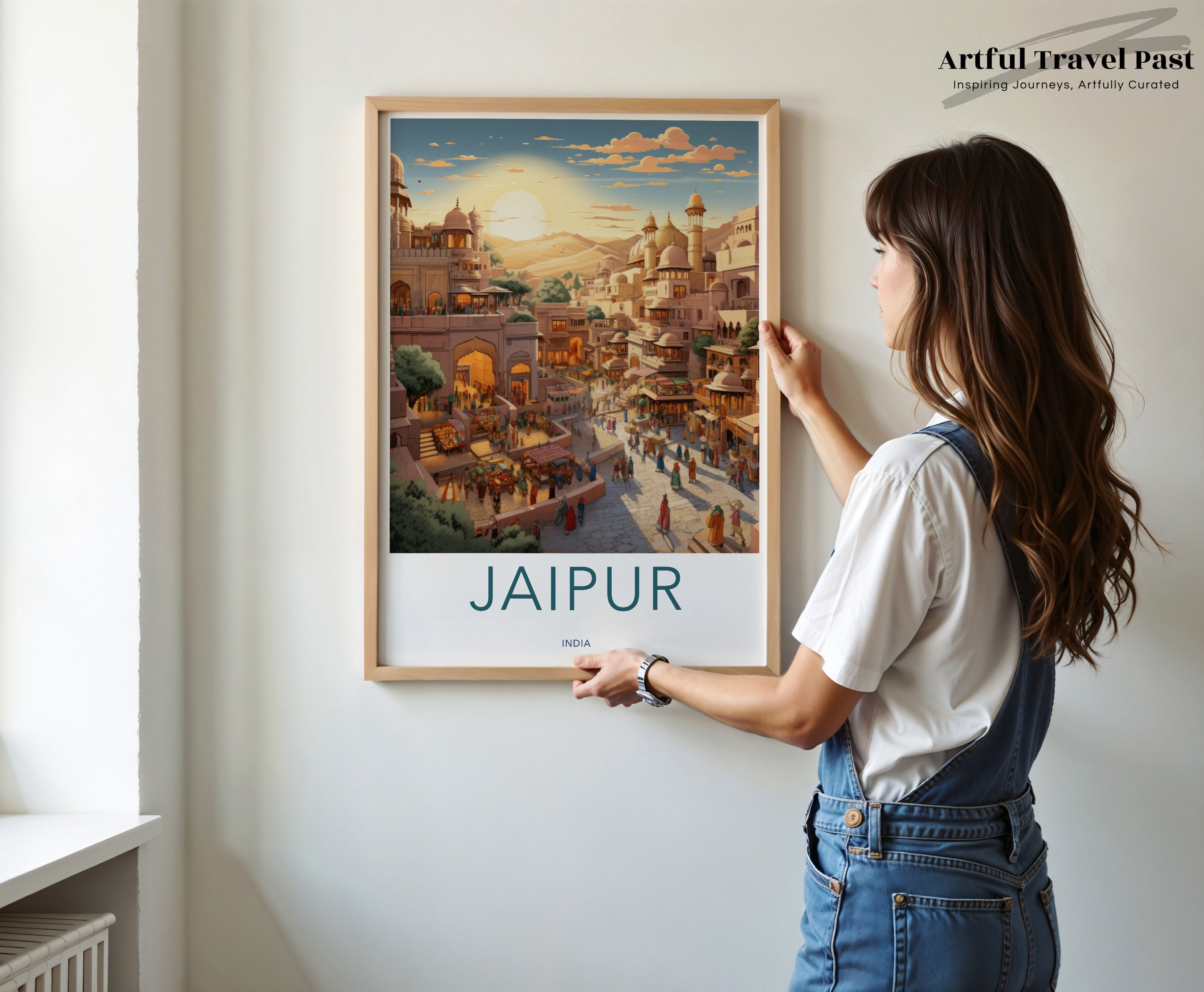 Jaipur India cityscape, picturesque sunset city view, vibrant market scene, architectural wonders, wall art decor print