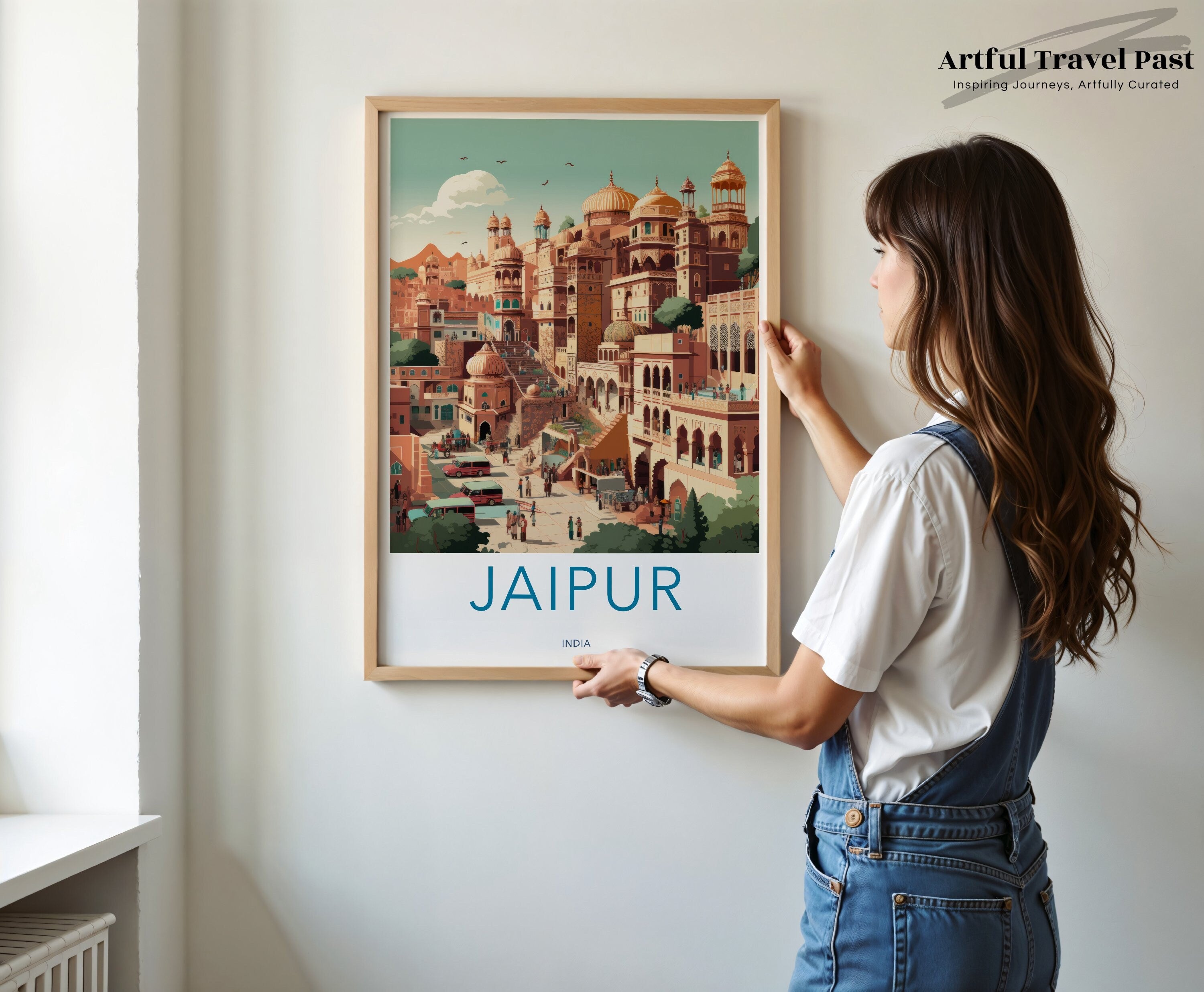 Jaipur Cityscape Illustration, Indian Architecture Wall Art, Travel Poster, Vintage Style Decor, Colorful Home Decoration