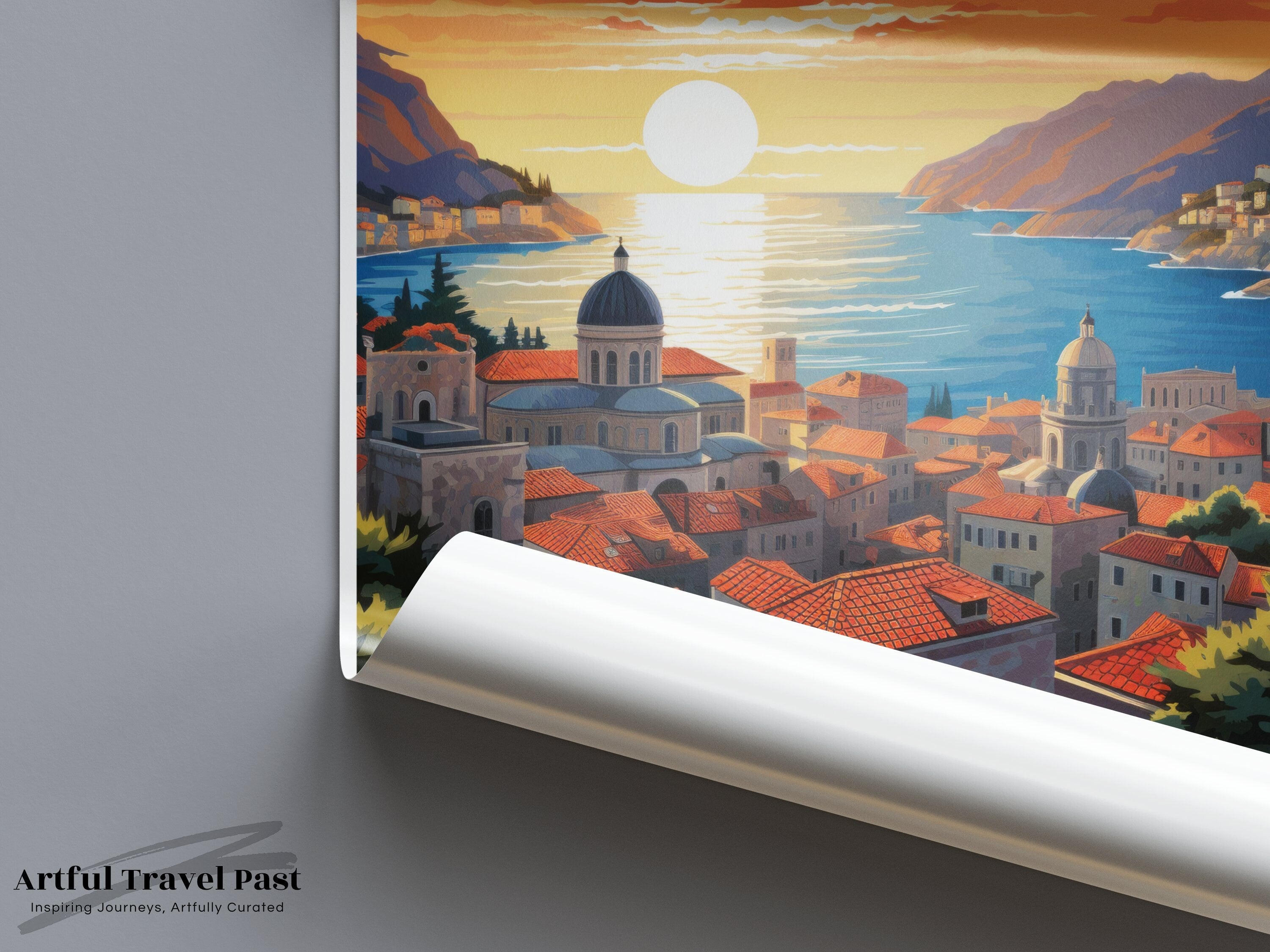 Dubrovnik Croatia Wall Art Print, Sunset Coastal Cityscape Poster, Mediterranean Travel Decor, Vibrant Scenic Landscape Artwork