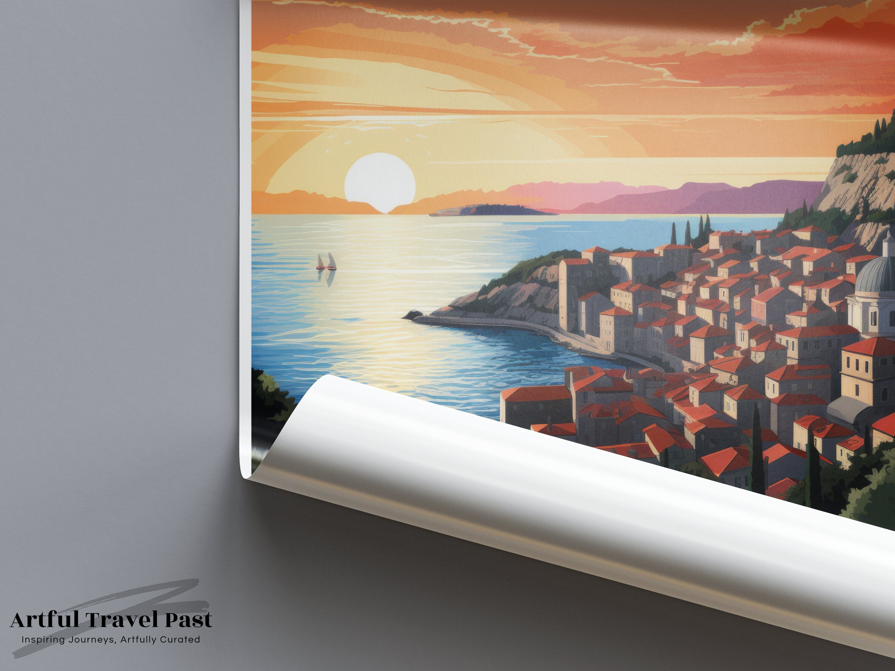 Dubrovnik Croatia Wall Art, Sunset Coastal Landscape Print, Mediterranean Travel Poster, Cityscape Artwork, Modern Home Decor