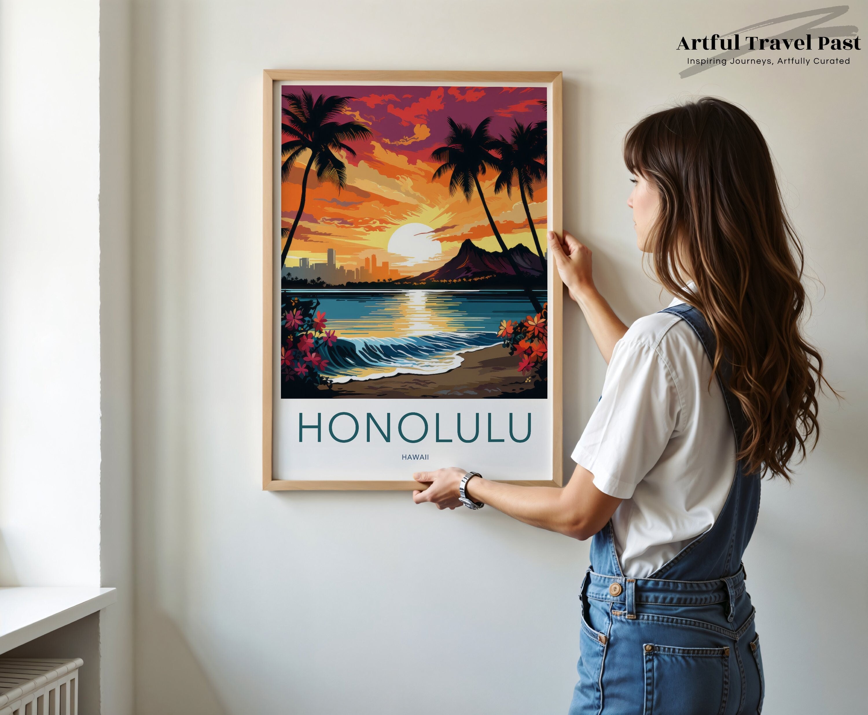 Vintage Honolulu Hawaii Poster, Sunset Beach Wall Art, Tropical Palm Tree Print, City Skyline Decor, Retro Travel Art