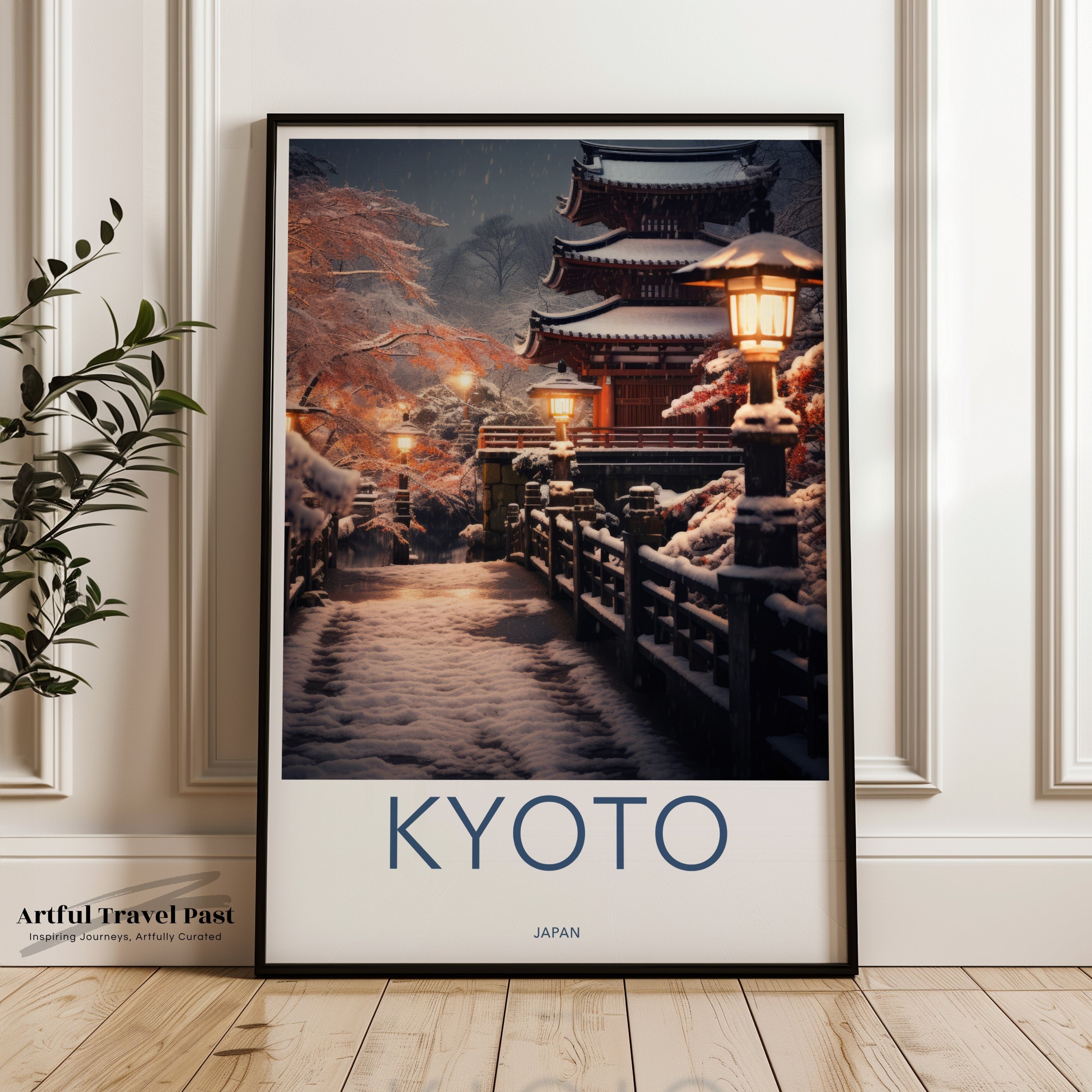 Kyoto Japan Wall Art Print, Japanese Temple Winter Scene, Snow Covered Bridge, Warm Lanterns, Calm Night Decor