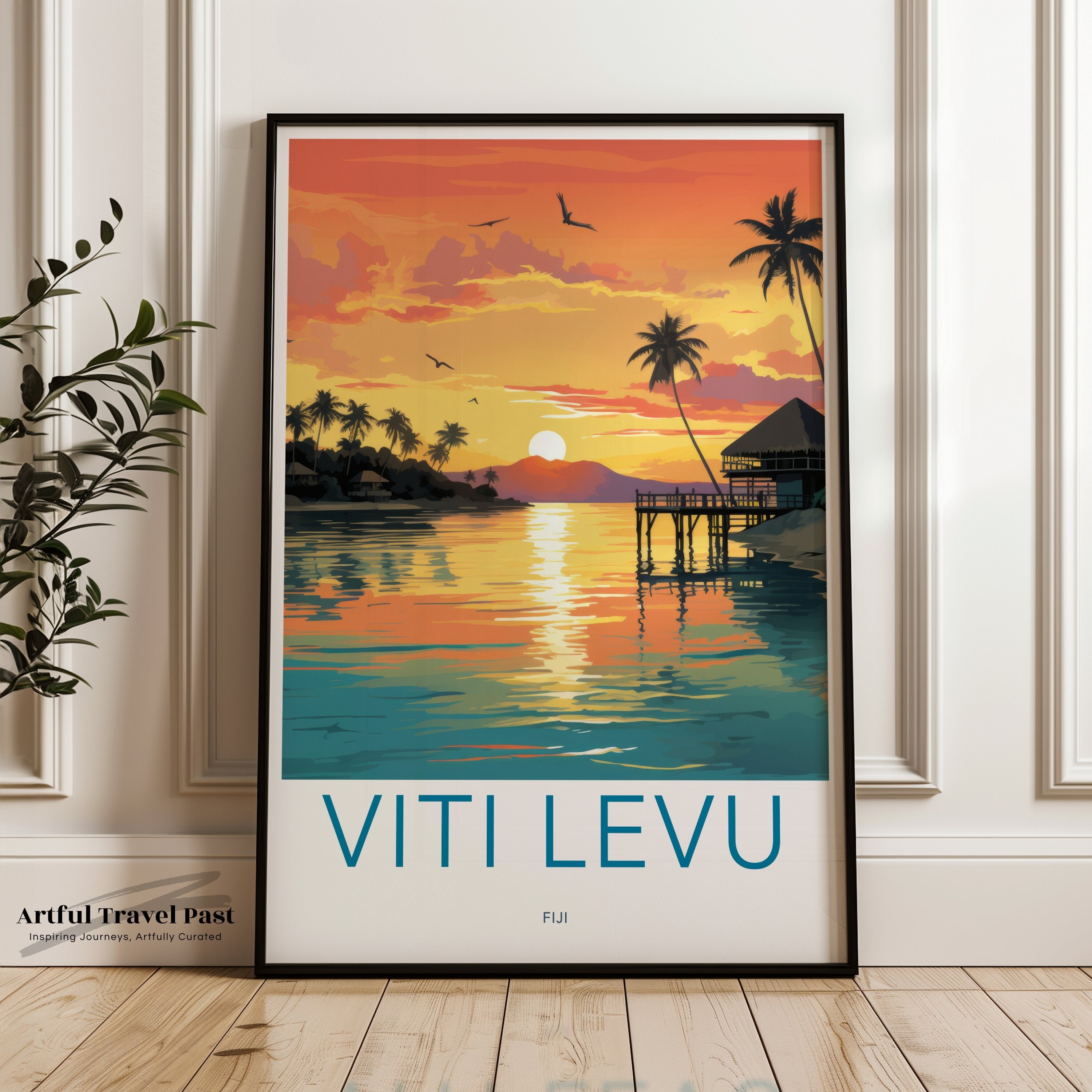 Viti Levu Wall Art, Fiji Sunset Print, Tropical Island Poster, Beach House Decor, Ocean View Art, Coastal Landscape Illustration