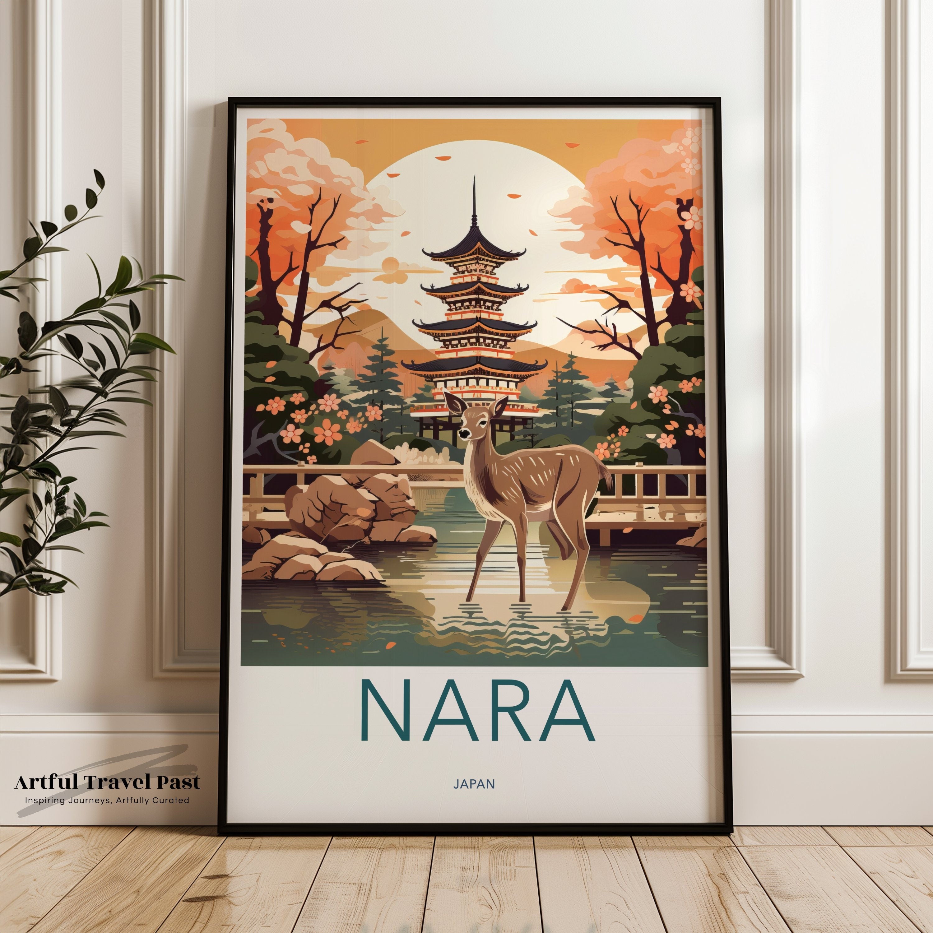 Japanese Nara Deer Landscape Wall Art, Scenic Sunset Pagoda Print, Nature Inspired Home Decor, Tranquil Wildlife Poster