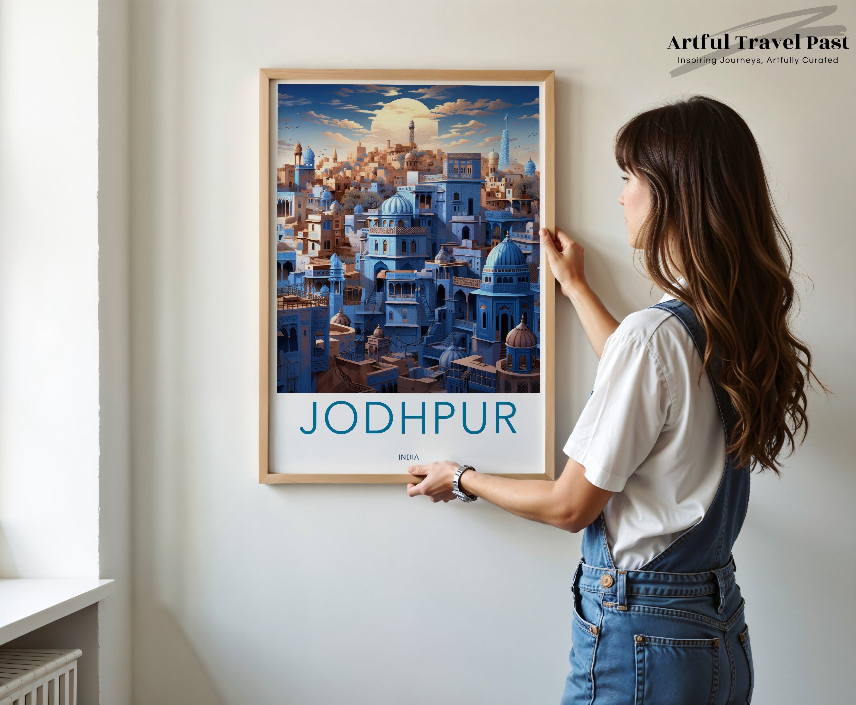 Jodhpur wall art print, India cityscape poster, blue city illustration, vibrant home decor, travel inspired wall decor