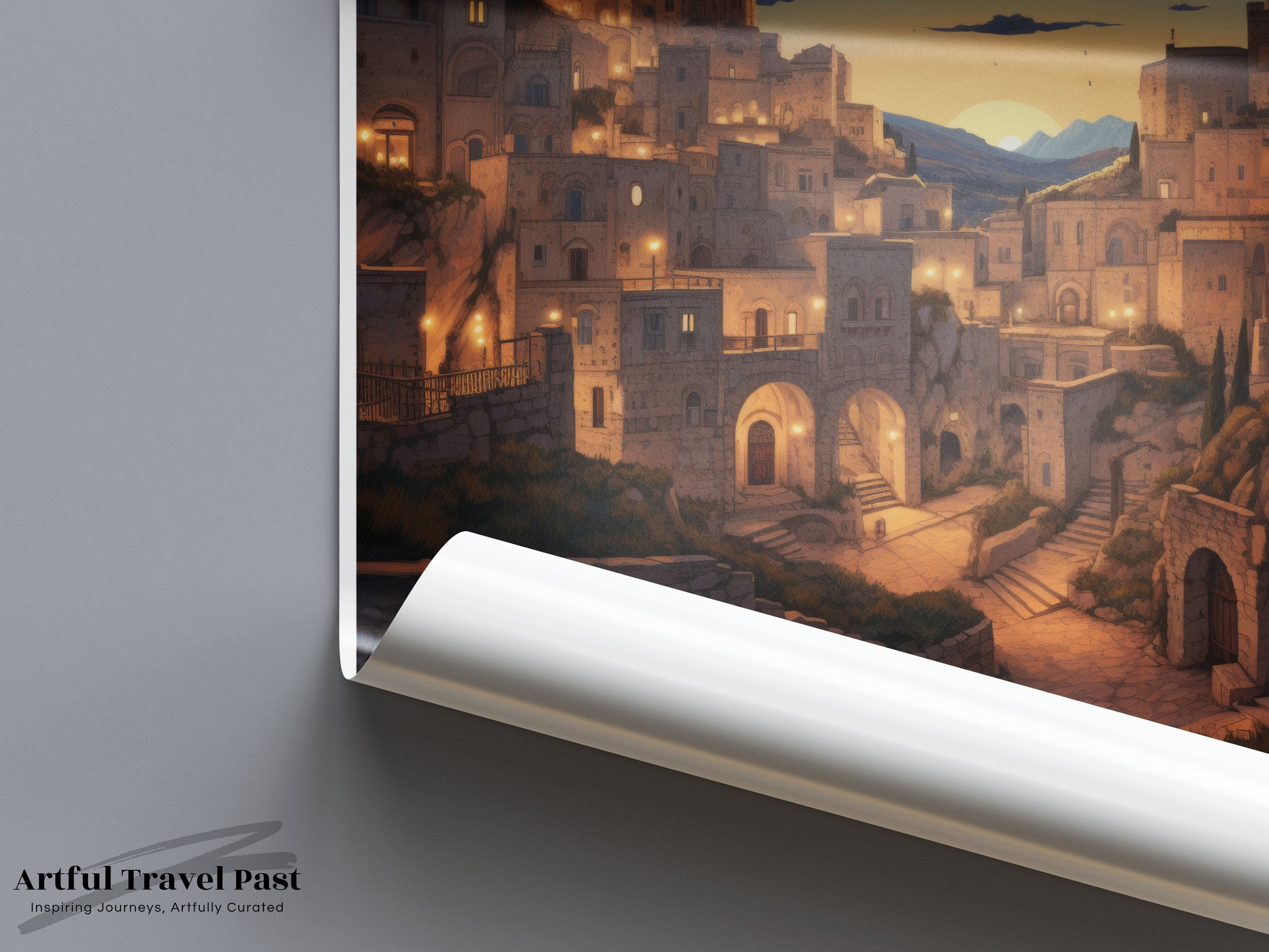 Matera Italy Wall Art Print, Scenic Cityscape Poster, Sunset Landscape Artwork, Historic Italian Town Decor, Dreamy Evening Illustration