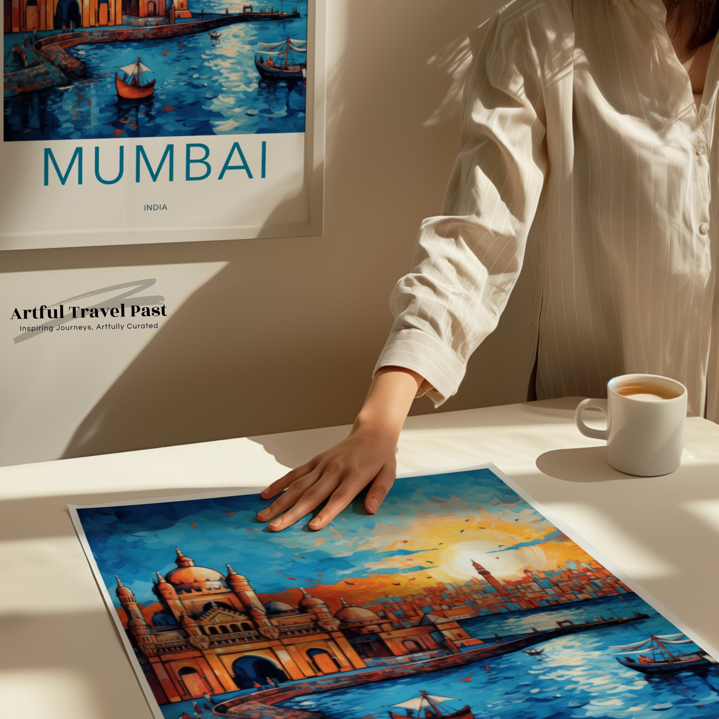 Mumbai India skyline sunset illustration, vibrant wall art, cityscape print, travel destination poster, urban home decor