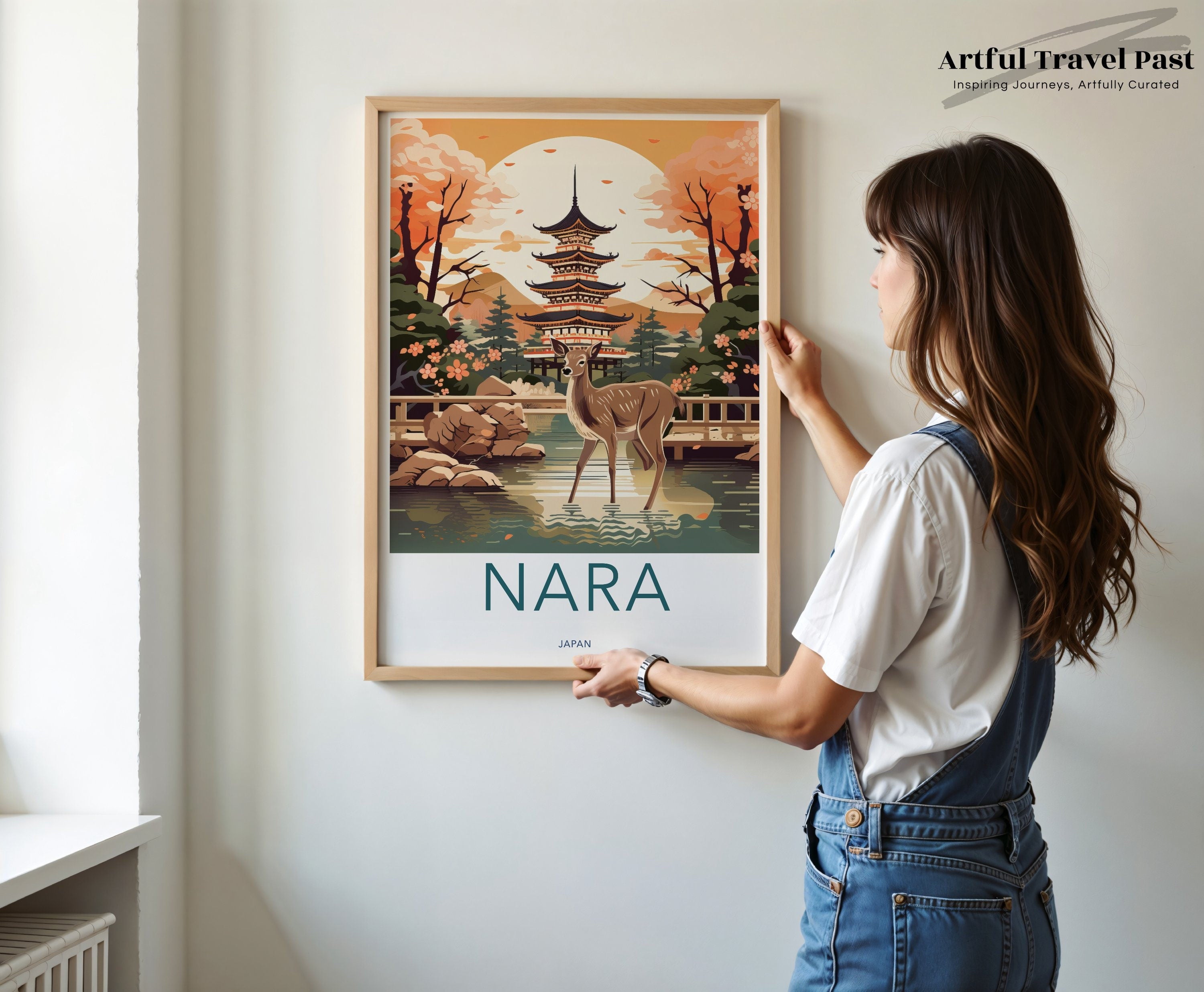 Japanese Nara Deer Landscape Wall Art, Scenic Sunset Pagoda Print, Nature Inspired Home Decor, Tranquil Wildlife Poster