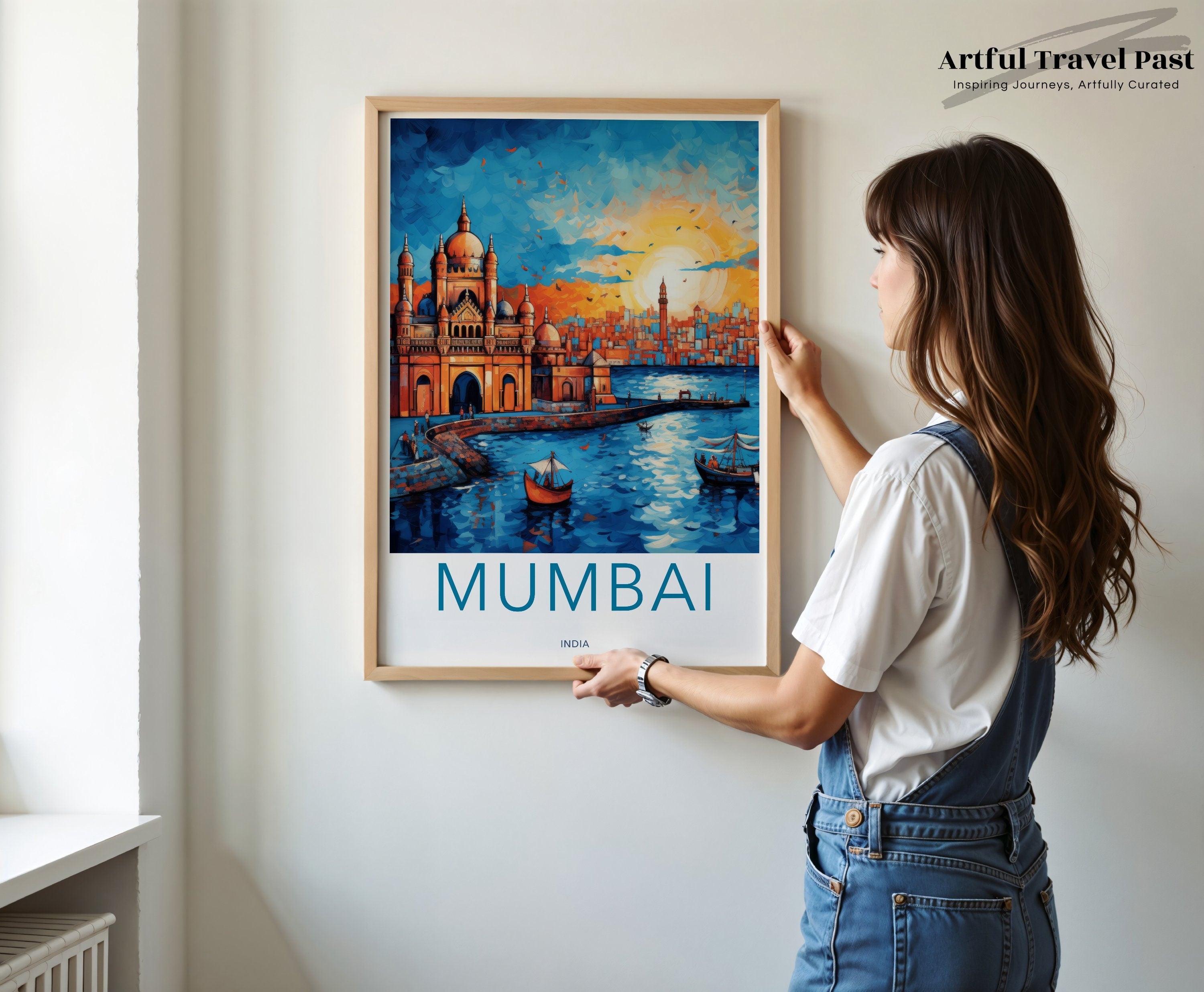 Mumbai India skyline sunset illustration, vibrant wall art, cityscape print, travel destination poster, urban home decor