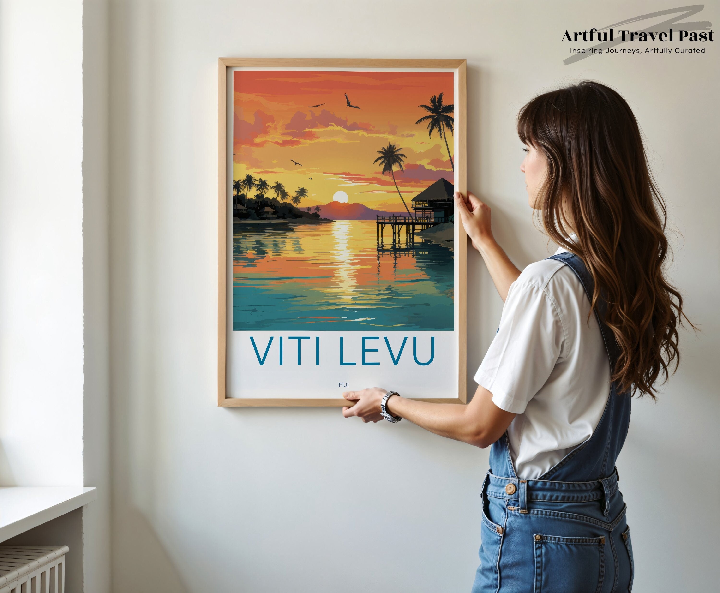 Viti Levu Wall Art, Fiji Sunset Print, Tropical Island Poster, Beach House Decor, Ocean View Art, Coastal Landscape Illustration