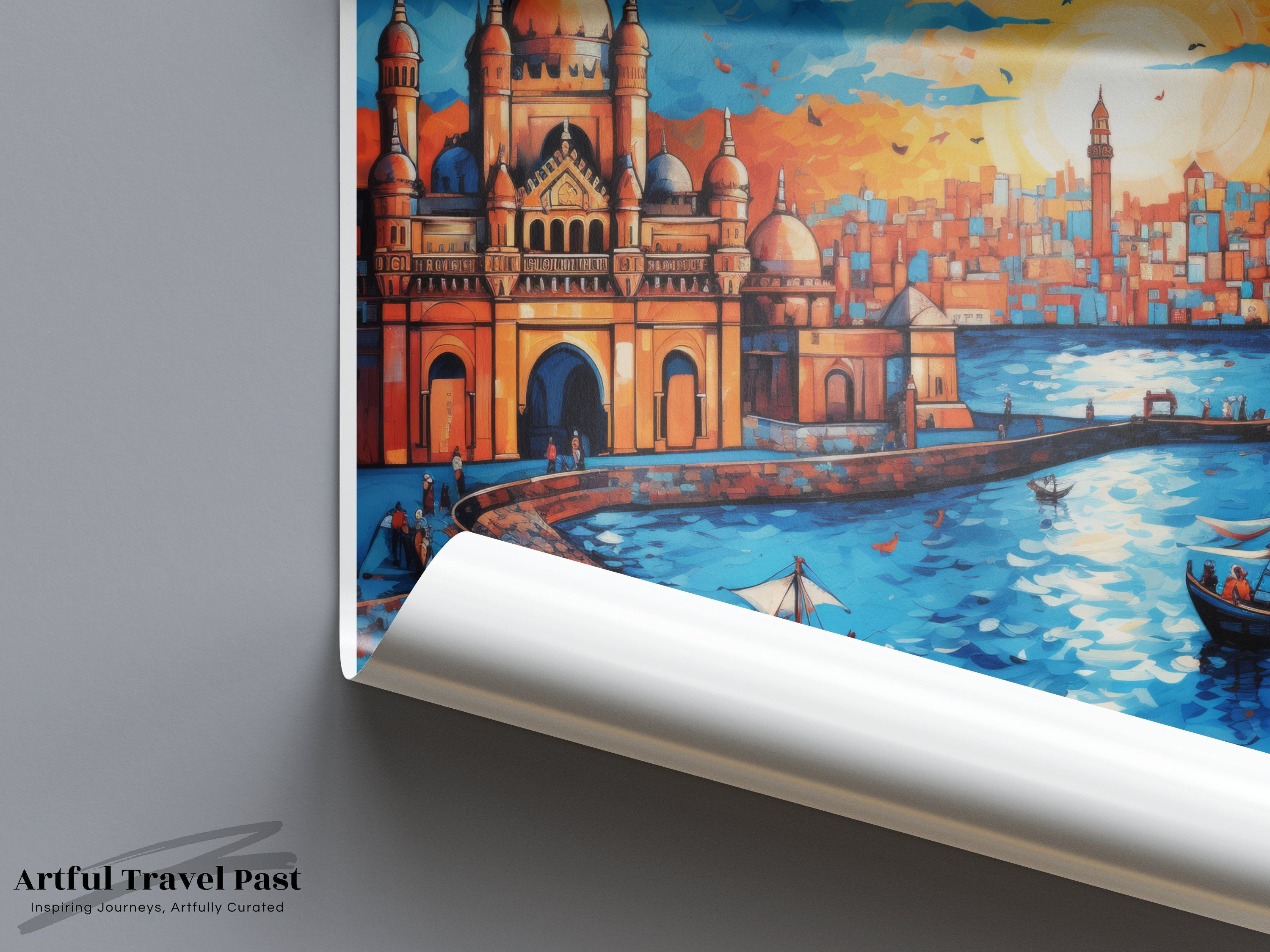 Mumbai India skyline sunset illustration, vibrant wall art, cityscape print, travel destination poster, urban home decor