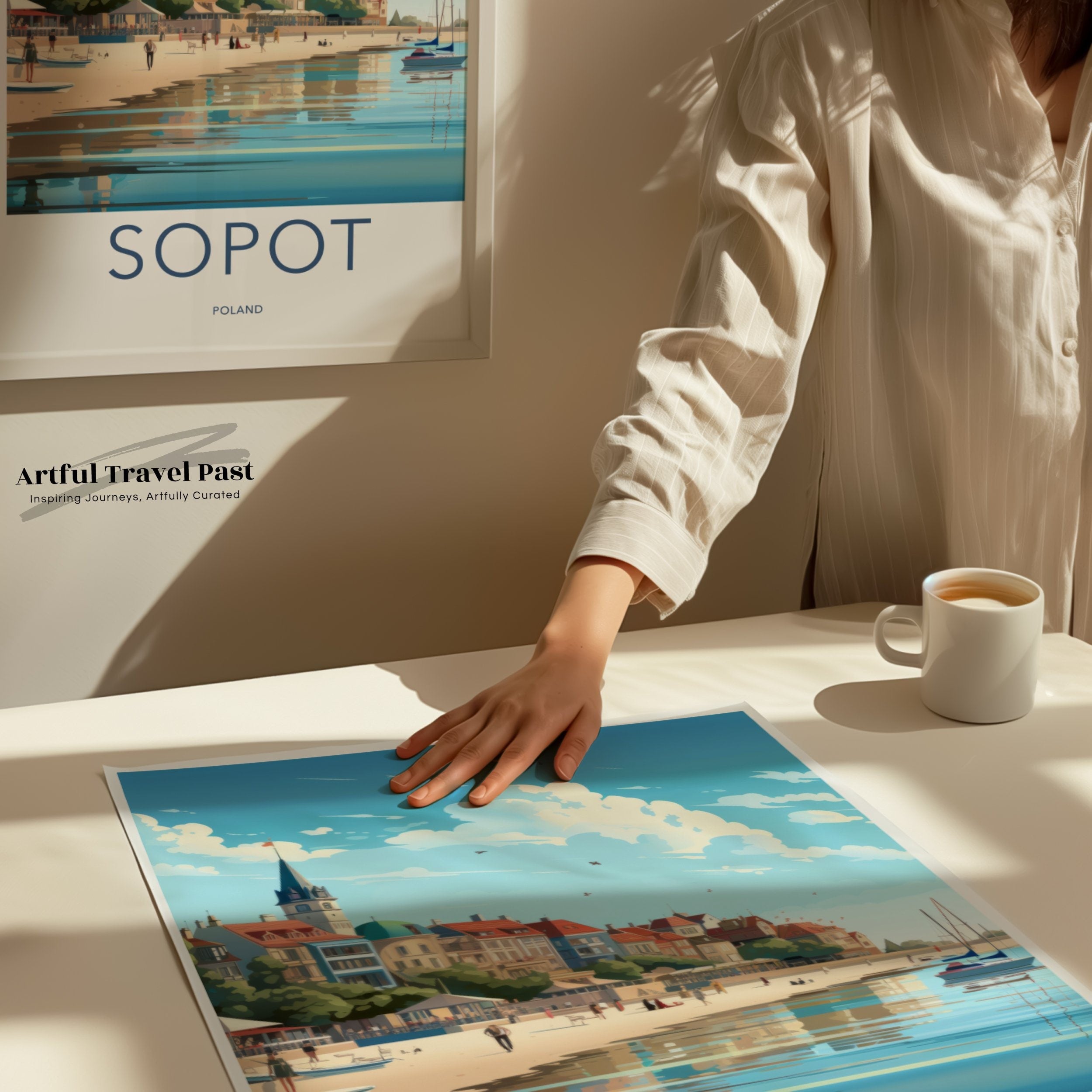 Sopot beach panoramic view wall art, charming coastal town print, nautical seaside artwork, Poland travel poster decor