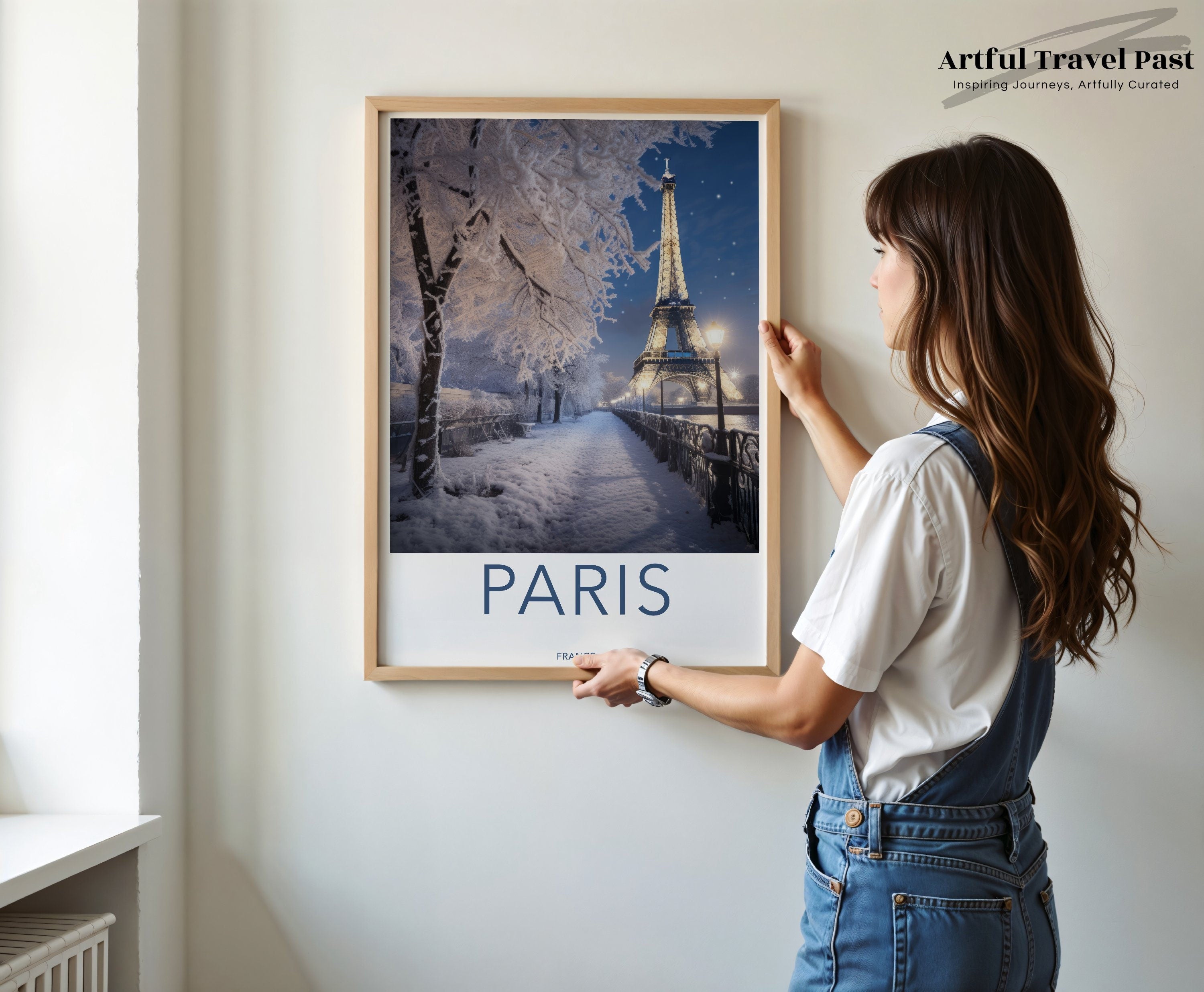 Eiffel Tower Paris Winter Wonderland Wall Art, Cozy Snowy Night Scene Home Decor, Paris France Christmas Gift