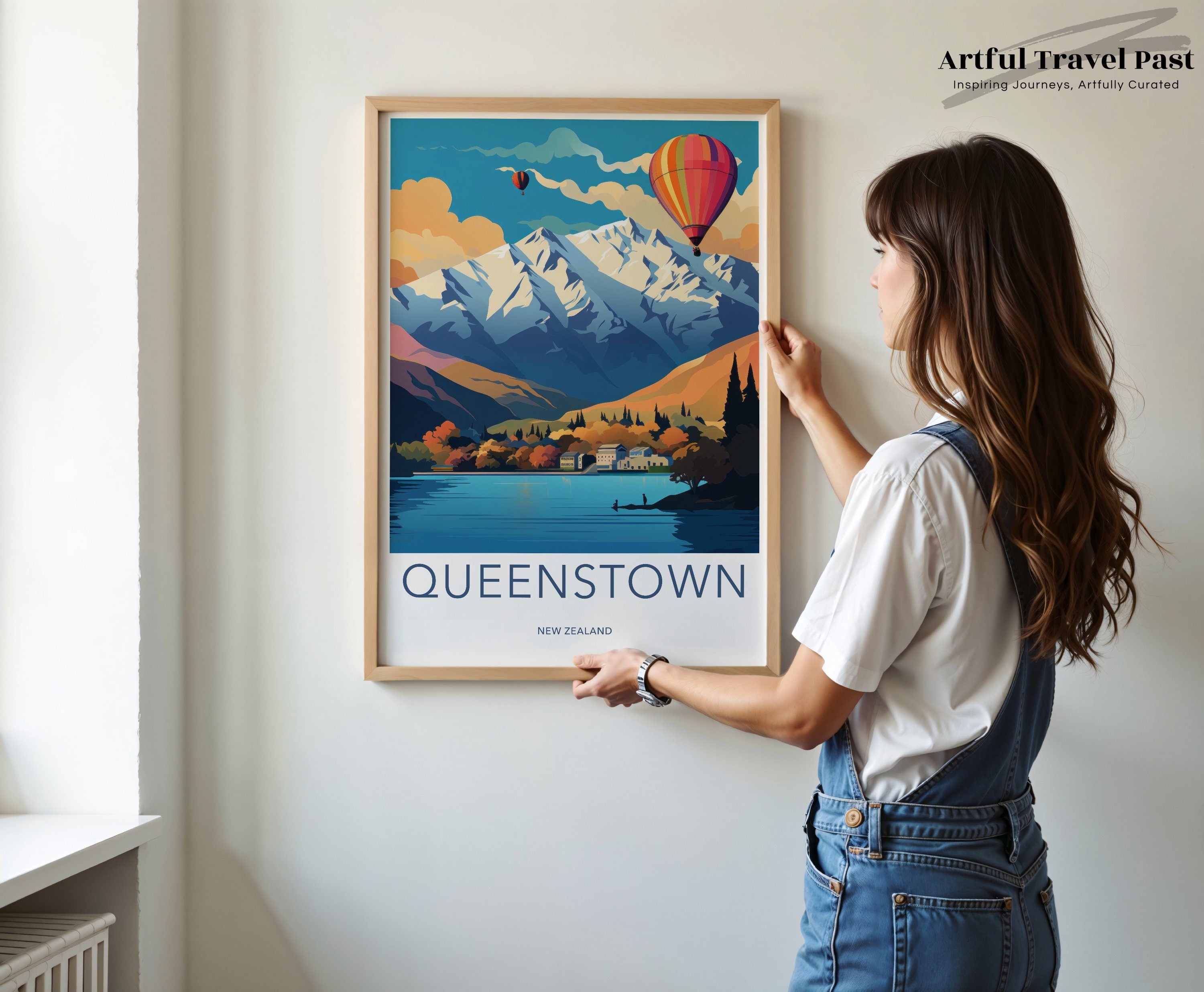 Queenstown wall art print, New Zealand mountain landscape, hot air balloons decor, colorful scenic view, home office wall decor