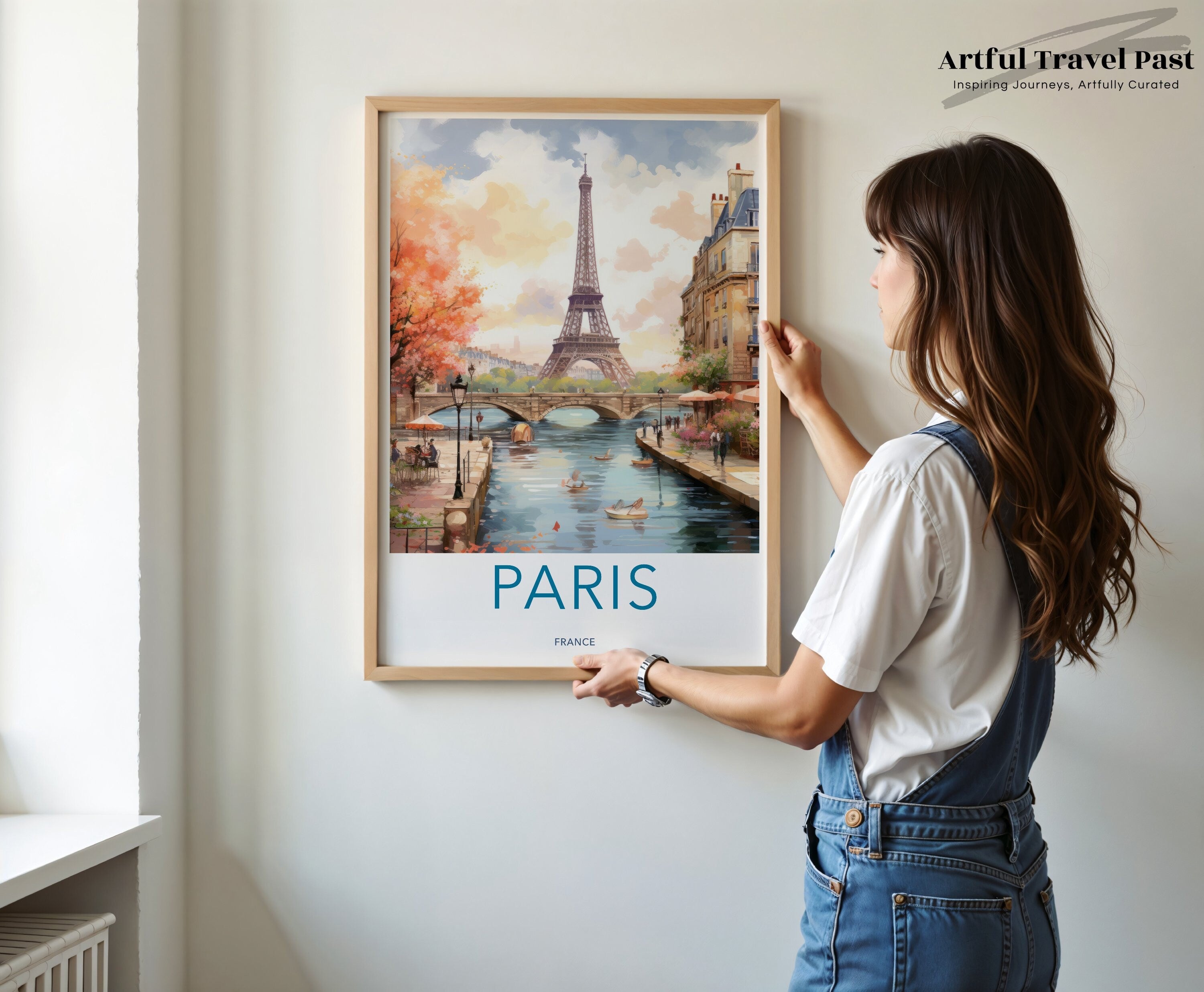 Paris Wall Art Print Eiffel Tower Illustration Canal Scene France Cityscape, Paris Artwork Decor, Home Office Wall Art